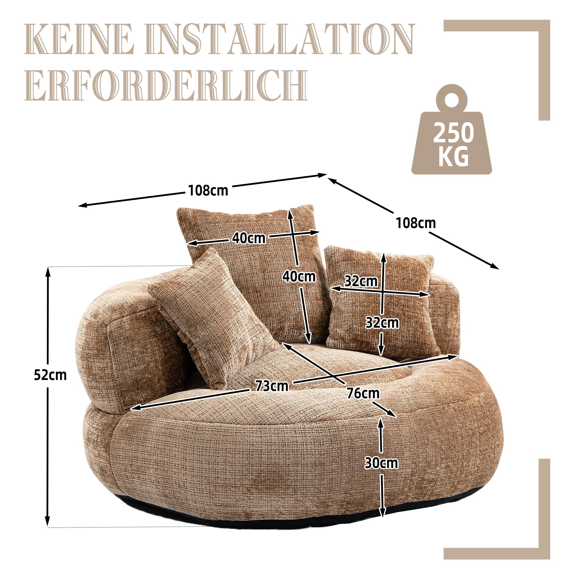 Sofa Durable Komfort Lounger - Riesen Sitzsack Mit 3 Kissen & Hoher Rückenlehne | Chenille Bequemsofa
