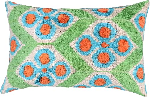 Miniatura 4 de Almohada de terciopelo verde y naranja hecha a mano con inserto de plumas de plumón, 16 x 24 pulgadas, patrón geométrico floral, cojín decorativo