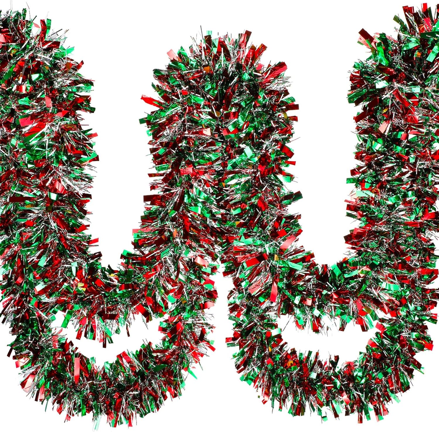 Ceenna 150 Feet Christmas Tinsel Garland Metallic Twist Garland Shiny Hanging String Ornaments for Christmas Tree Party Supplies Indoor and Outdoor Decoration(Red Green Silver)