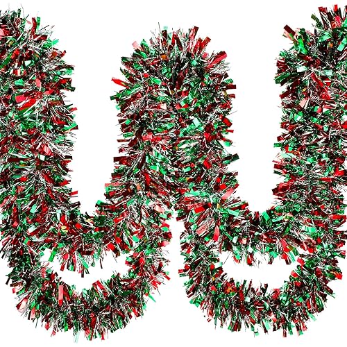 Dingion 59 Feet Christmas Tinsel Garlands Metallic Twist Garland Hanging Garland Ornaments for Halloween Christmas Tree Party Supplies Indoor and Outdoor Decoration(Shinny,Red Green Silver)