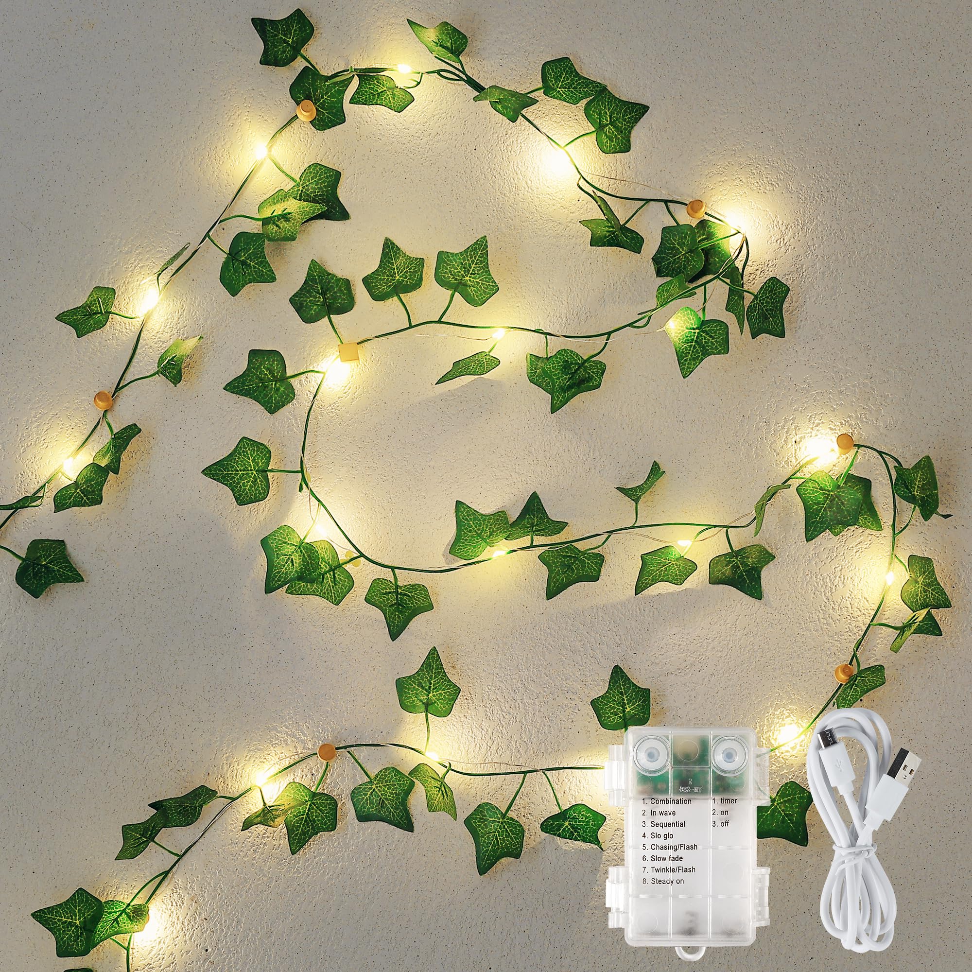 Pellimo Vine with Fairy Lights, 23FT 73 LED Lighted Ivy Leaf Spring Garland Lights, Battery or USB Powered for Dorm Room, Bedroom & Creative Wall
