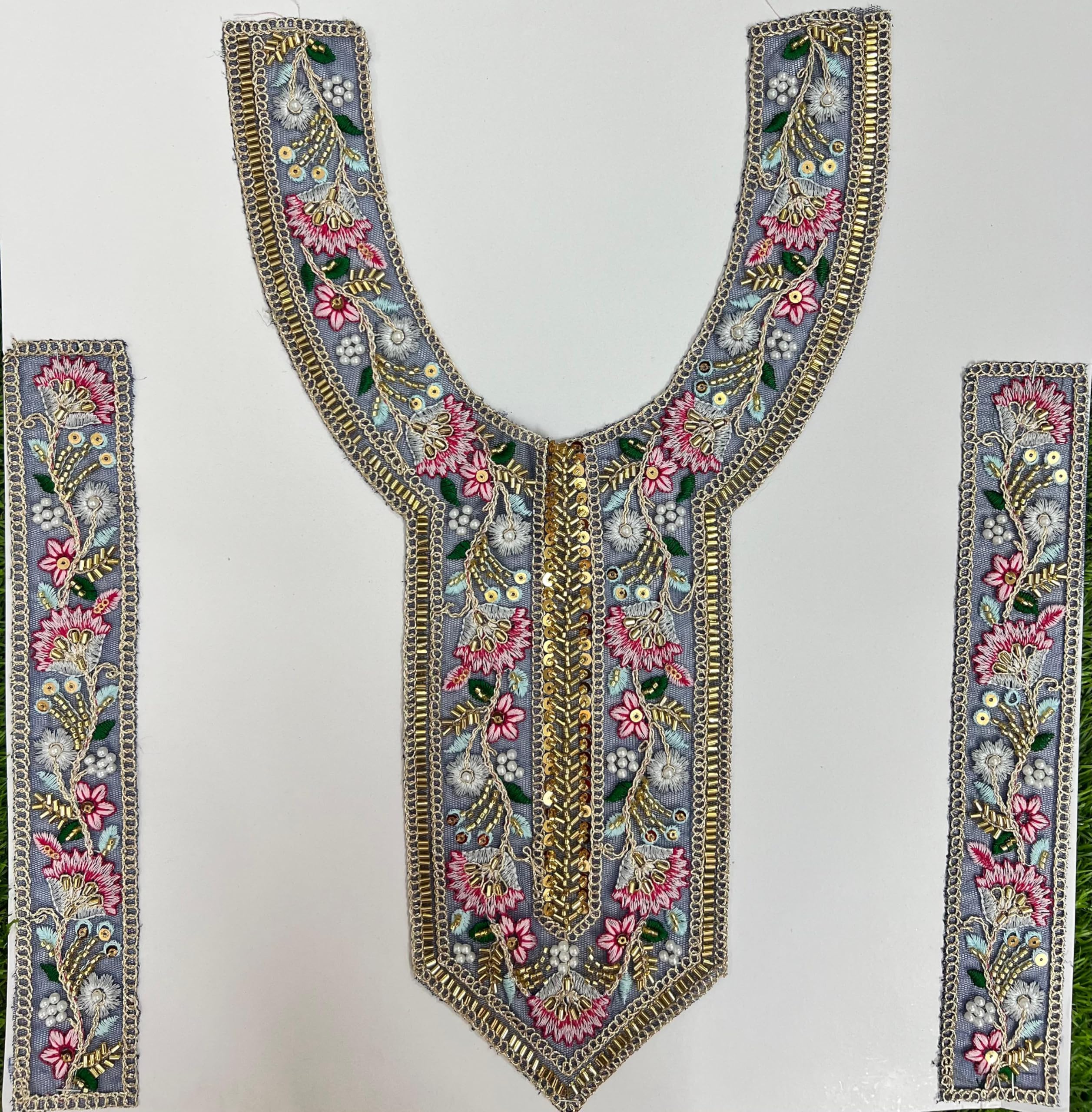 3 PC Kashmiri Hand Work Neck Patch Set for Suit & Kurti – Export Quality Thread Embroidery with Sequin Detailing.(Grey)-image-7