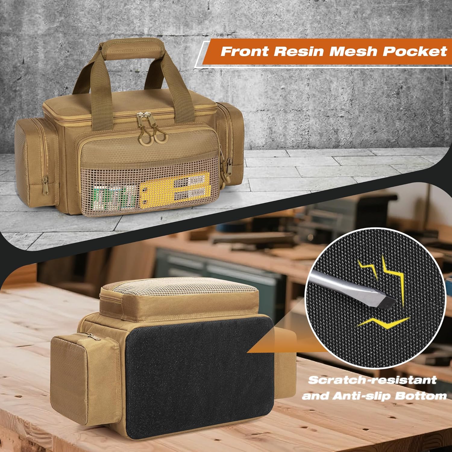 Small Tool Bag with Anti-friction Bottom, Tactical 12" Tool Tote for Men, Hand Tool Storage Organizer for Electrician, Repairman and Carpenters, Khaki - Image 4