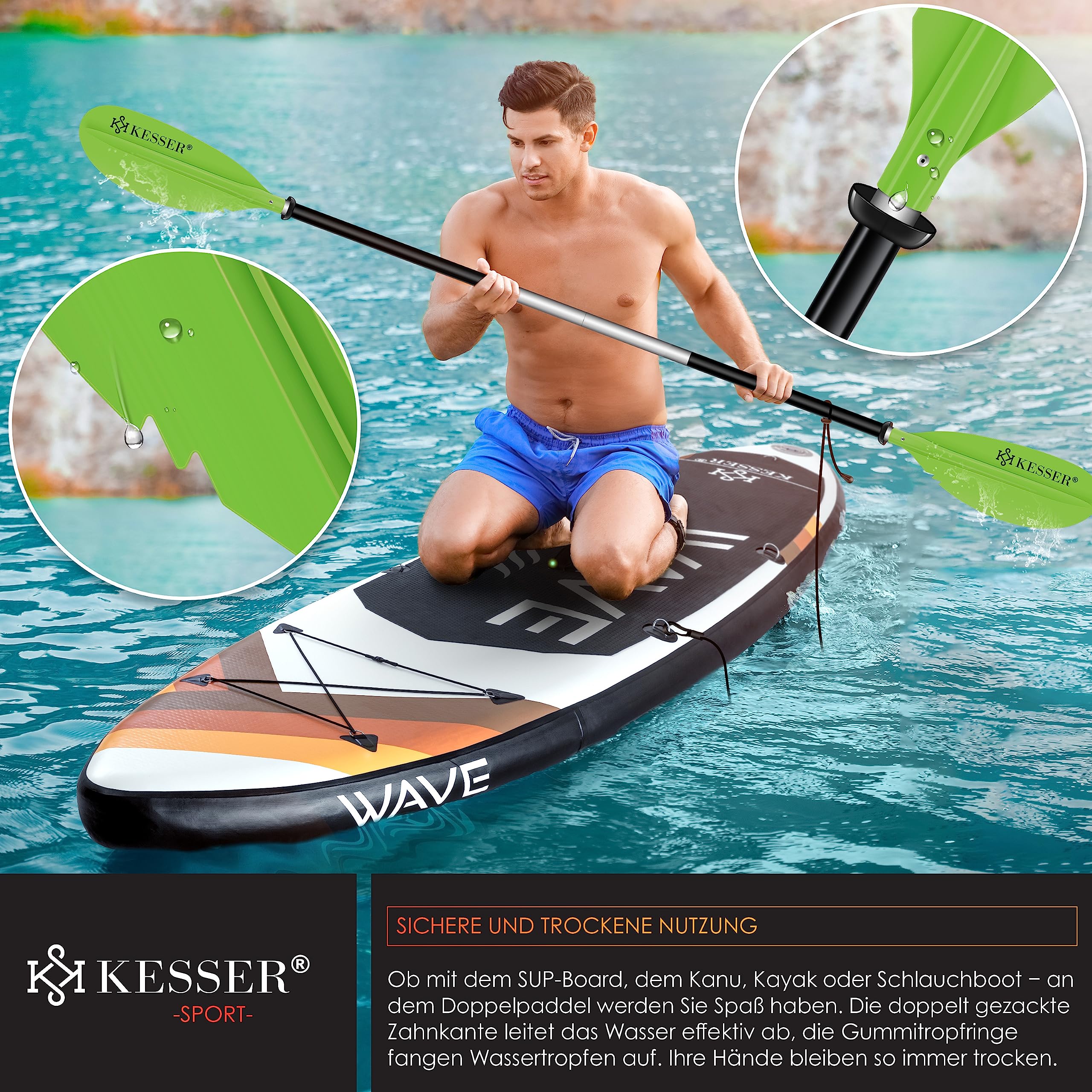 KESSER® Paleta Doble – 4 Piezas para Canoa Kayak Sup Stand-Up Paddling Board Pala de Remo, 228 cm de Aluminio, Muy Ligera para Bote Inflable, Remo, Kayak, Surf Board Bote