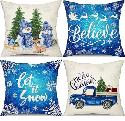 Miniatura 1 de DFXSZ Juego de 4 fundas de almohada de Navidad de 18 x 18 pulgadas, decoración de casa de campo de Navidad color azul con texto en inglés "Merry