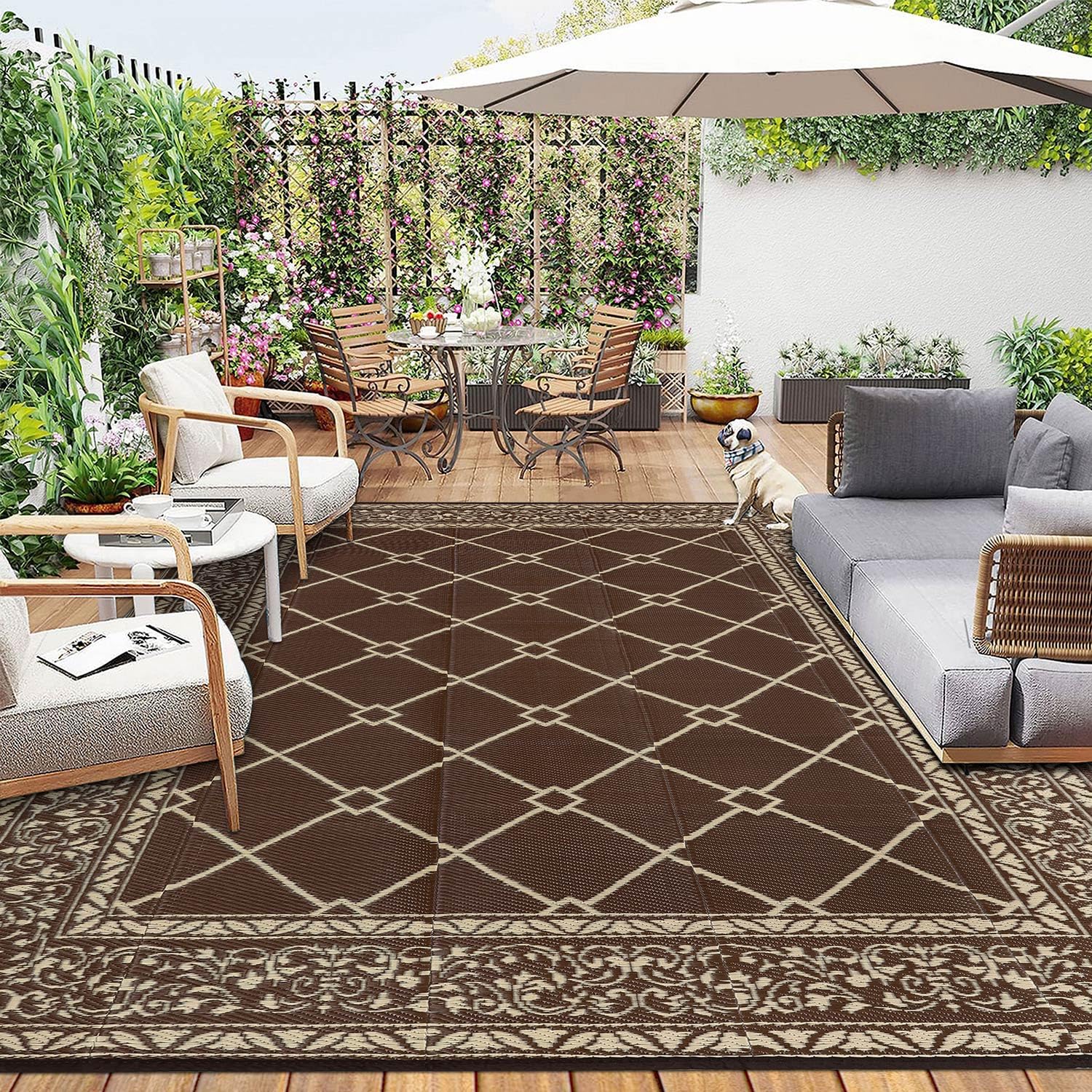 SHACOS Outdoor Rug for Patios Waterproof 240x300 cm Reversible Garden Rug Patio Rugs UV Resistant Foldable Outdoor Carpet Mat Plastic Straw Rugs for Balcony Decking Camping Beach, Grey — view 46