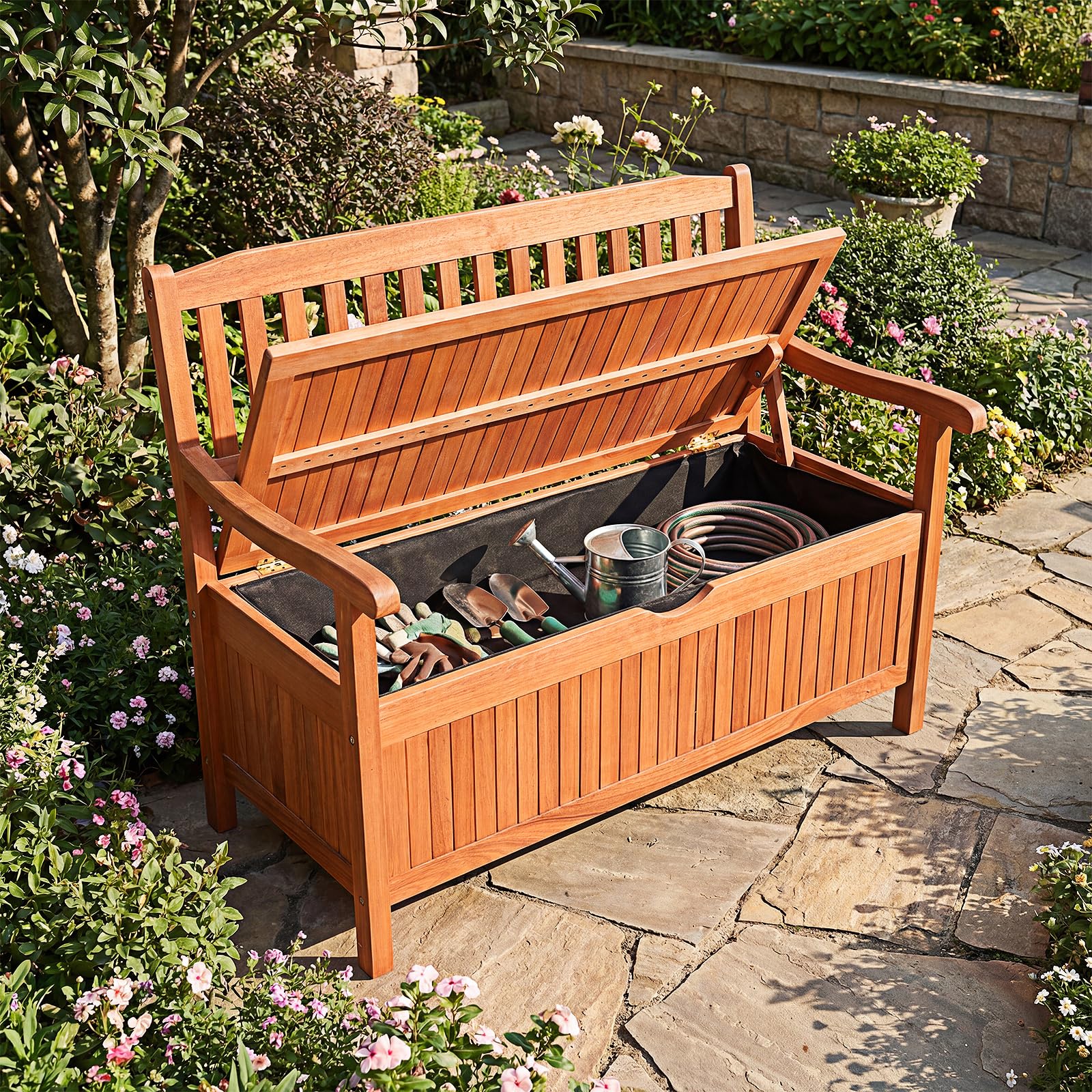 GIANTEX Gartenbank Holz mit Stauraum, Truhenbank mit Aufbewahrungsbox, 2-Sitzer Sitzbank Massivholz bis 360 kg belastbar, Terrassenbank Outdoor, Garten Holzbank mit Arm- & Rücklehne, 107x59x90cm