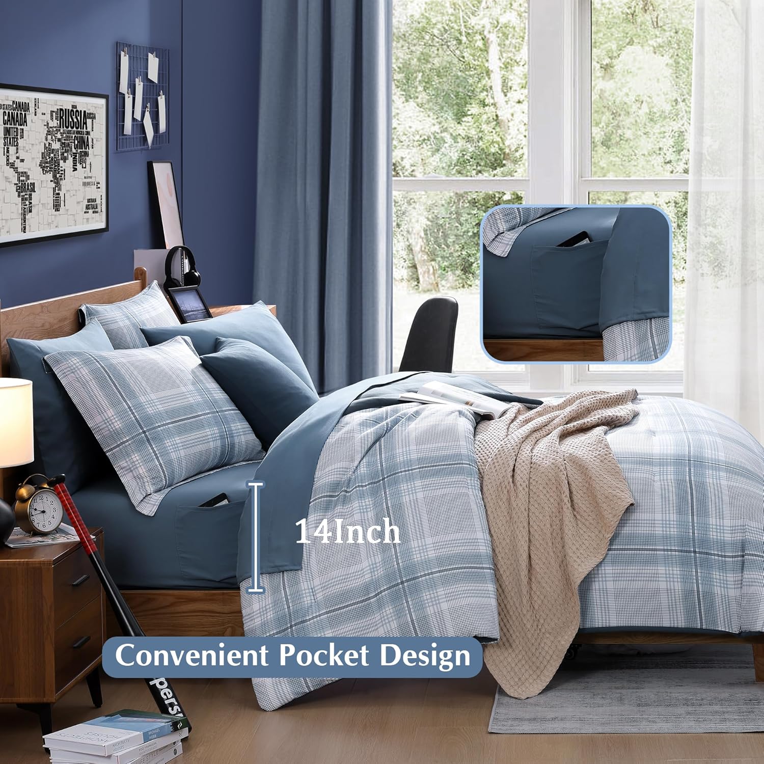 Twin XL Comforter Set, Light Blue Plaid Bedding Set 5 Piece for Boys Girls Teen, Classic Homestead-Style Kids Comforter Set Bed in A Bag with Sheets, Pillowcase & Sham - Image 4