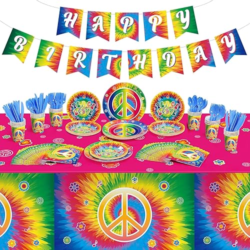 172 piezas de suministros para fiesta de cumpleaños de teñido anudado sirven para 24 personas y 60 años 60, decoración de fiesta temática hippie de