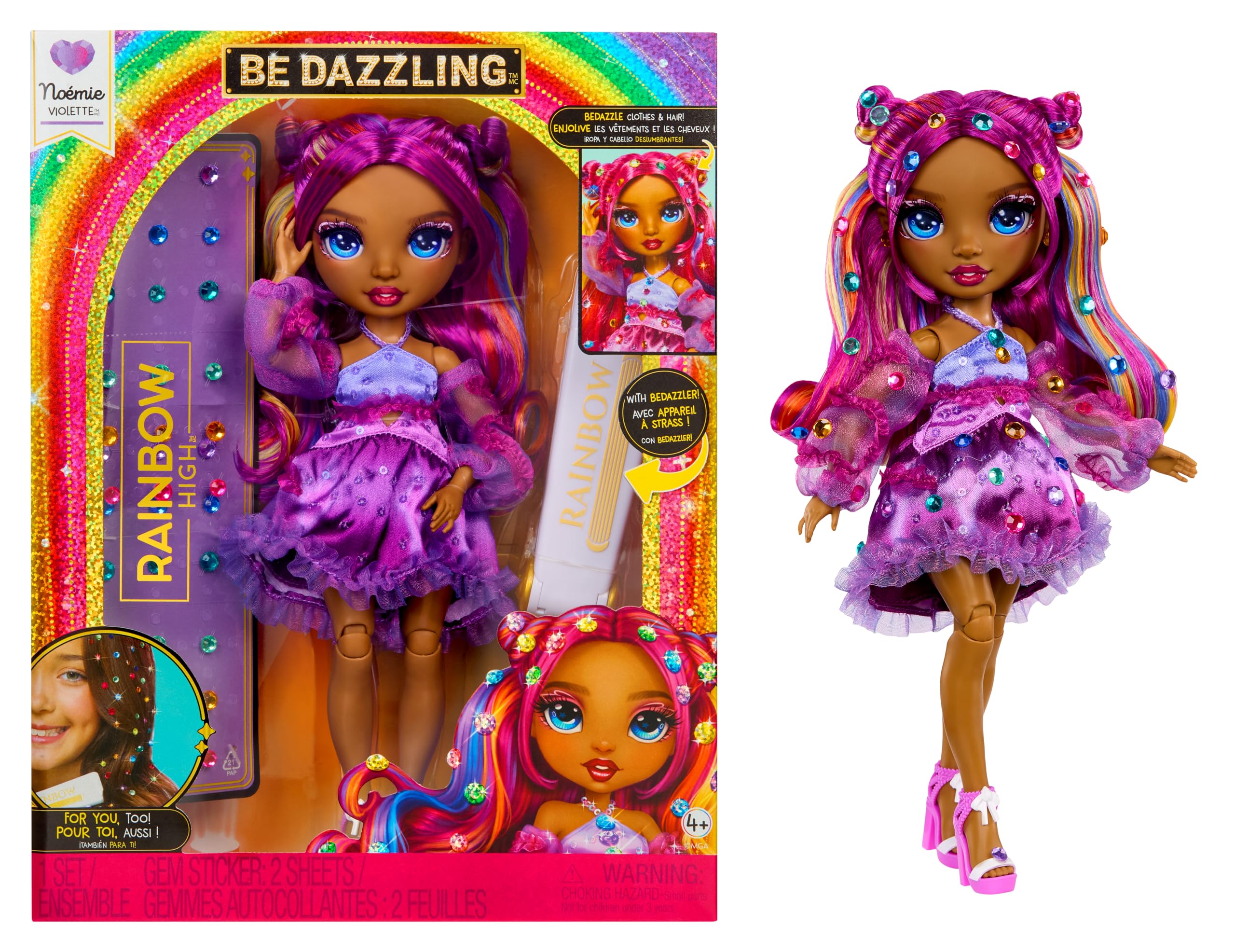 RAINBOW HIGH Be Dazzling - Noemie Violette - Poupée Mannequin Violette de 28 cm avec Outil d'Éblouissement, Pierres Précieuses Scintillantes et Accessoires de Stylisme - 1