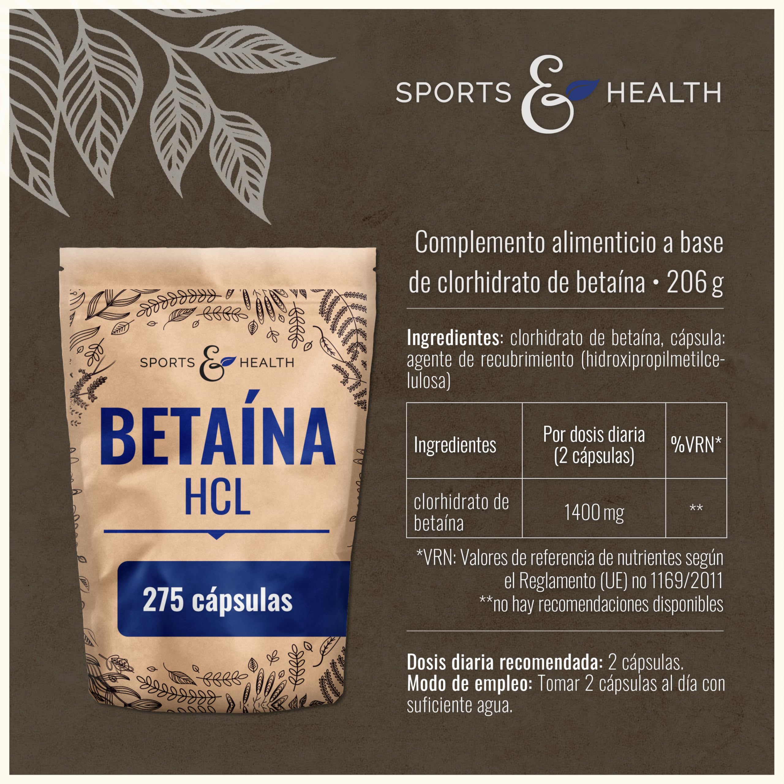 Betaina HCL - 275 Capsules - 1400mg Per Daily Dose - Betaine HCL Powder Capsules - Vegan - Clorhidrato de Betaina - Betaine-Hydrochloride Powder-Capsules