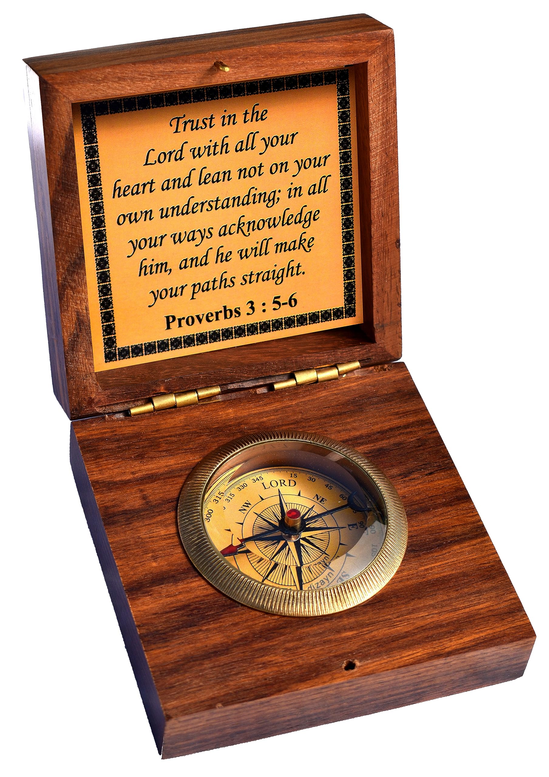 Trust in The Lord with All Your Heart -Proverbs 3: 5-6 Quote Brass Compass Gift with Wooden Box -Religious Gift for Men & Women -Christian, Catholic, Graduation, Sentimental & Inspirational Present