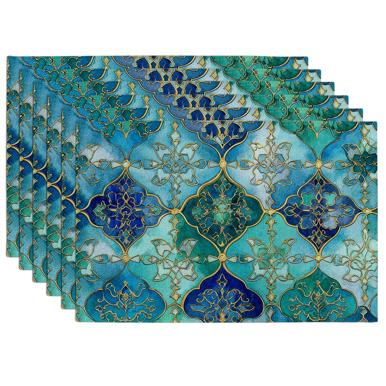 Moroccan Tile Design Placemats, Blue and Teal Geometric Table Mats for Spring Summer Dining, Washable Indoor Outdoor Decorative Place mats Set of 6