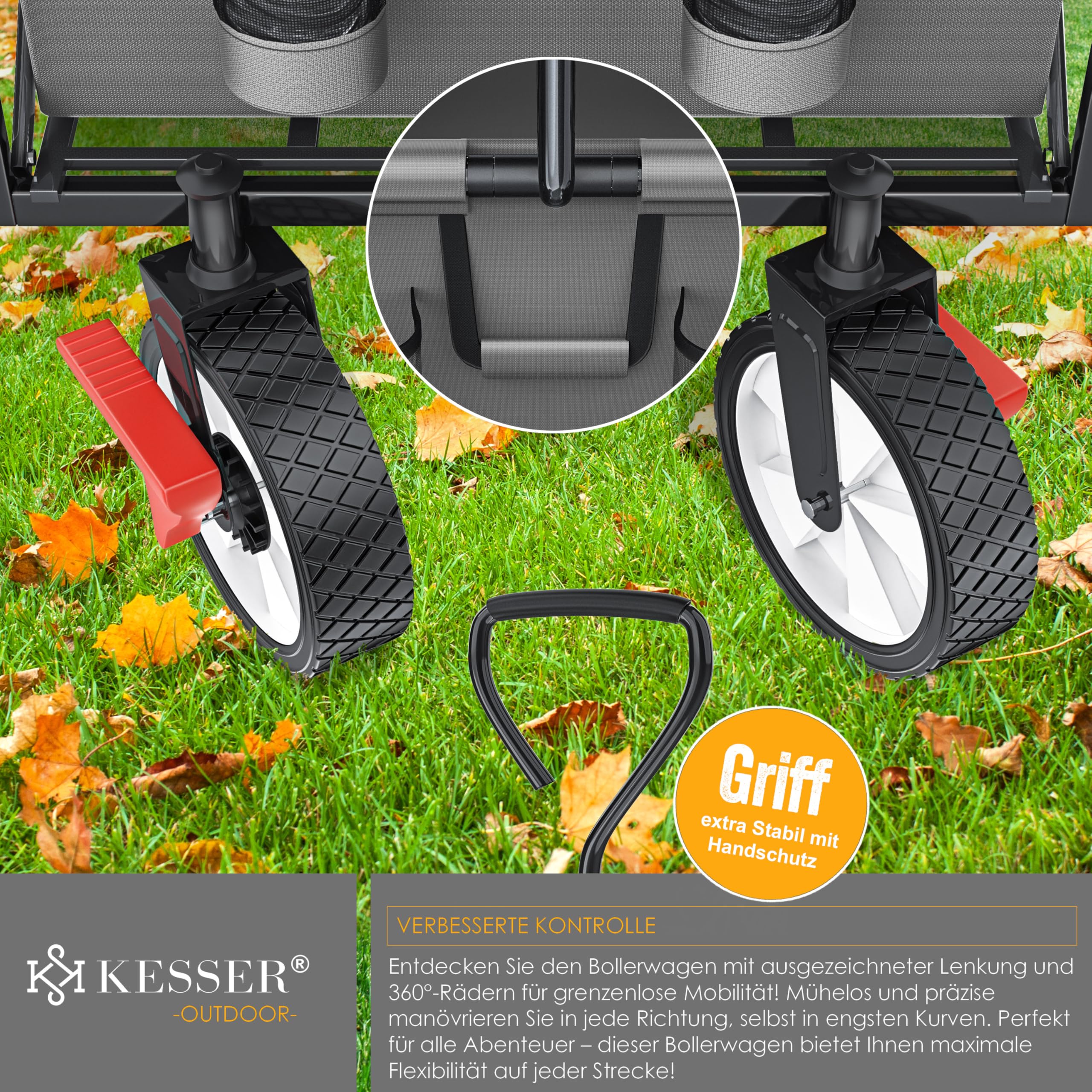 KESSER® Carro Plegable con Techo | Carrito de Jardín con 2 Bolsillos de Red y uno Exterior con Freno en la Rueda Delantera | Ruedas de Goma | hasta 100 kg de Capacidad | Gris