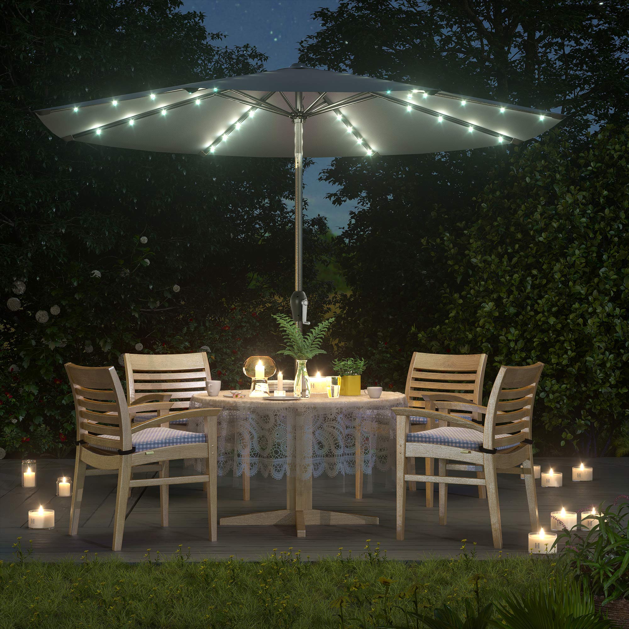 SONGMICS Parasol 300 cm avec éclairage solaire LED, 32 lumières LED, protection UV UPF 50+, pliable à 30°, pour jardin, terrasse, piscine, balcon, sans support, gris GPU33GY