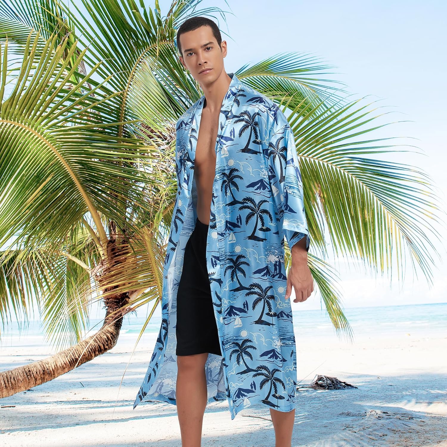 Men's Lightweight Kimono Robe Jacket Printed Japanese Style Bathrobes Casual Open Front Long Cardigan Coat Outwear - Image 2