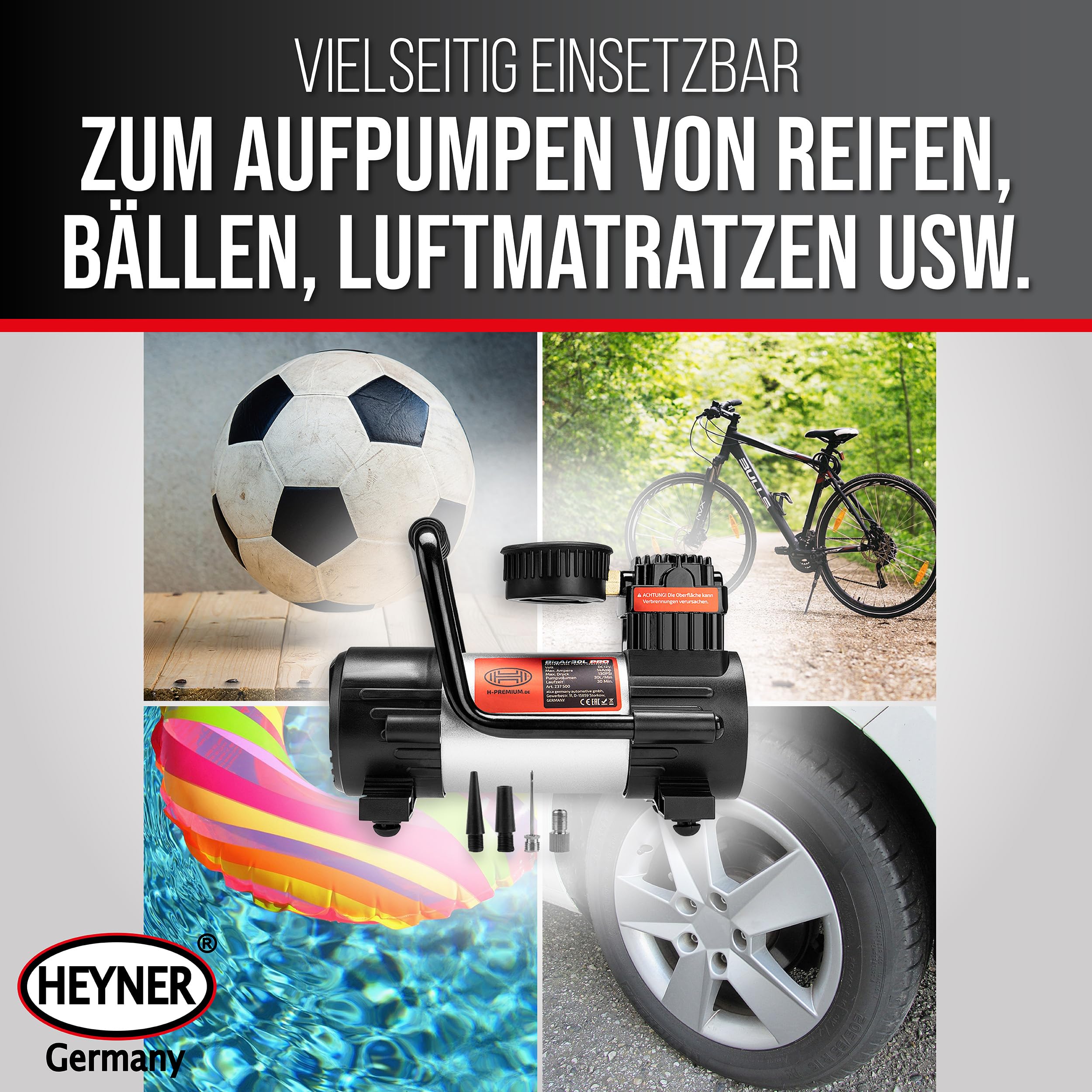 HEYNER® Minikompressor 12 V Luftpumpe für Autoreifen mit Druckanzeige | Integrierte SMD Arbeitsleuchte, 9 Bar Nennleistung, Inklusive 4 Adaptern, Praktische Tragetasche, Kurze Wartezeit
