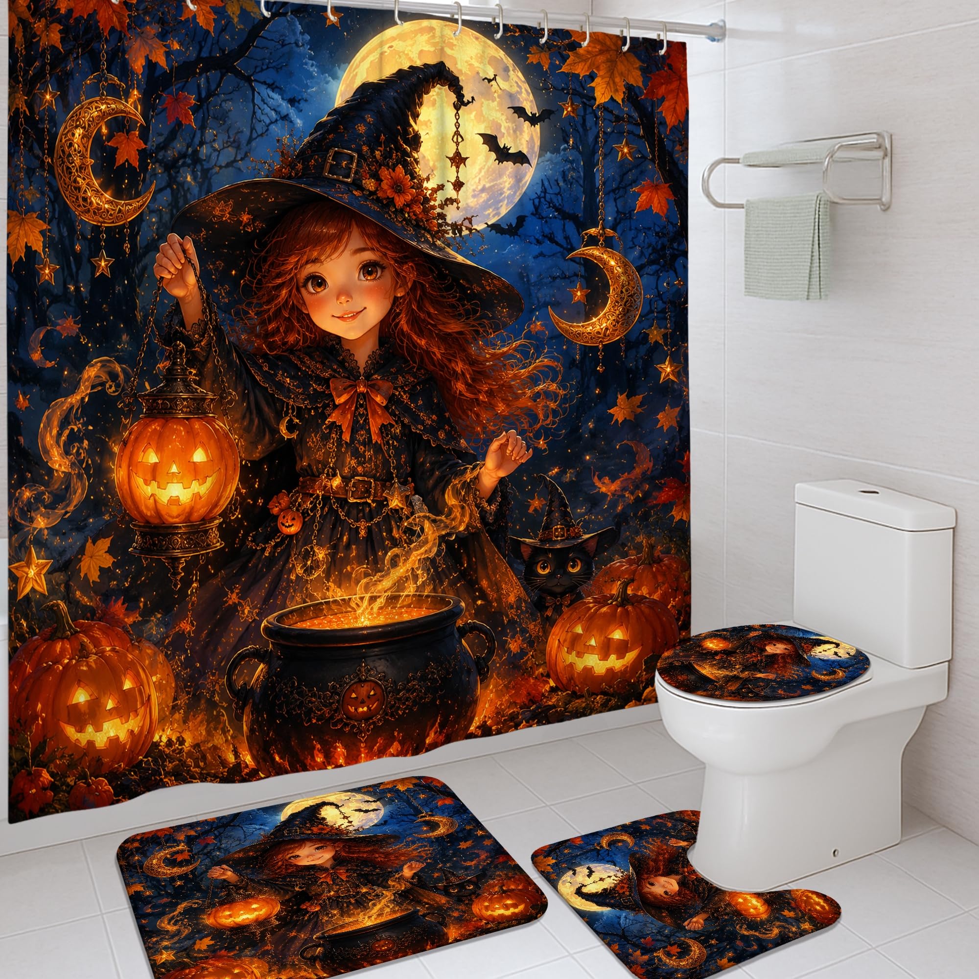 Rideau de douche imperméable 183x183 cm orange avec tapis anti-dérapant absorbant