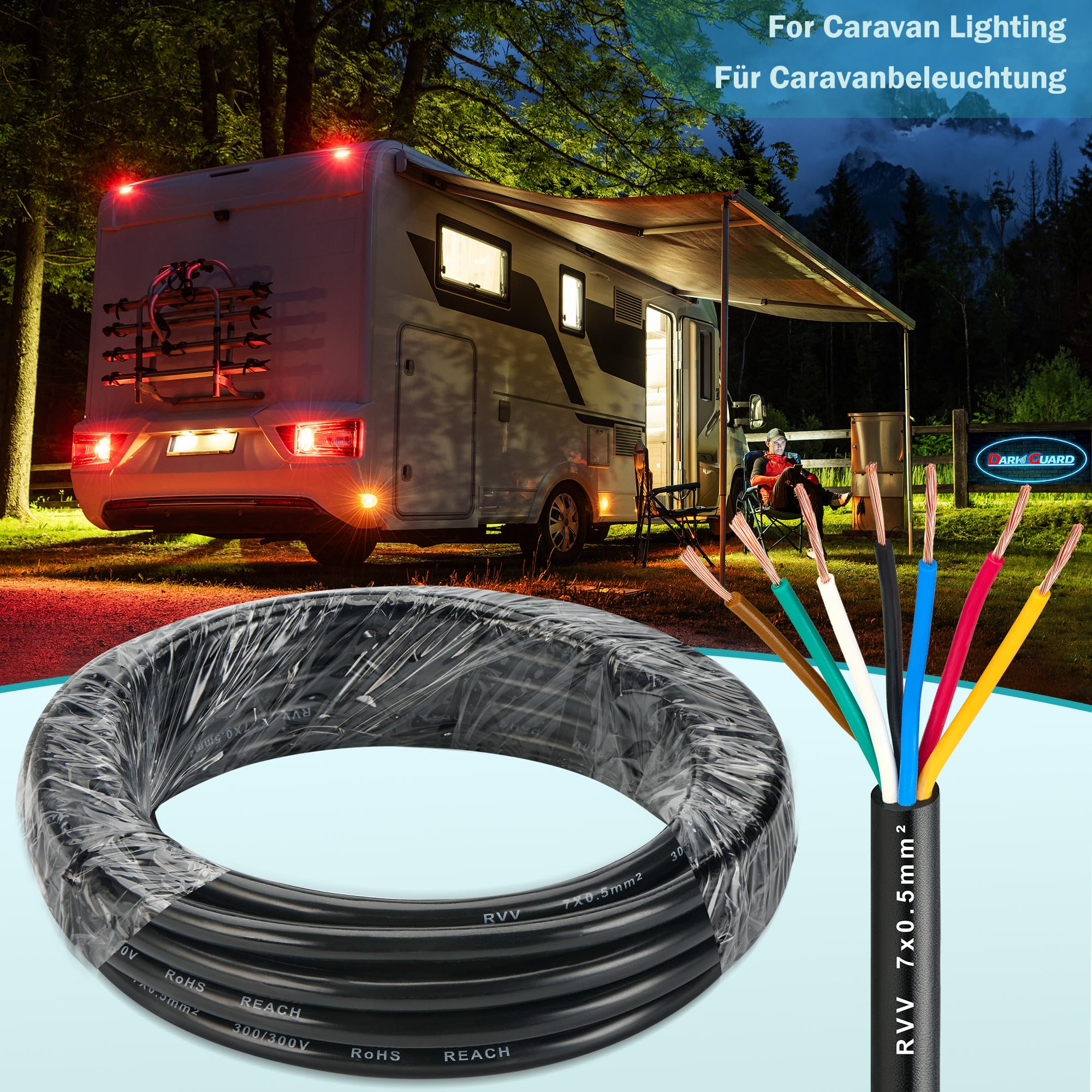 Cable de Pilotos Remolque 7 Polos 0,5mm², 10M Cable Electrónico de Remolque 12V/24V, Flexible Alambre de Cobre para Caravana Camping y Vehículo Luces LED, Aprobación RoHs Reach
