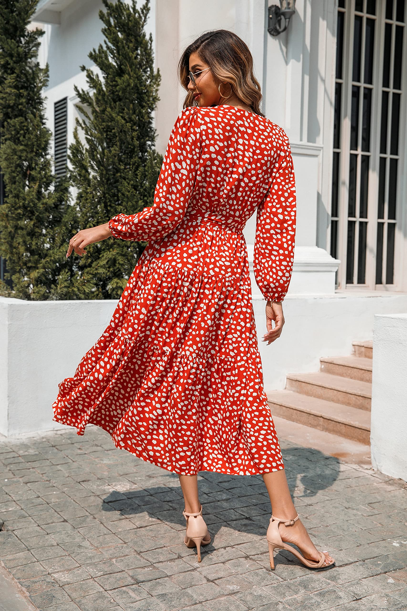 R.Vivimos Women's Fall Long Sleeve Casual Dresses Wrap V Neck Polka Dots Tiered Ruffle Flowy Midi Dress with Belt