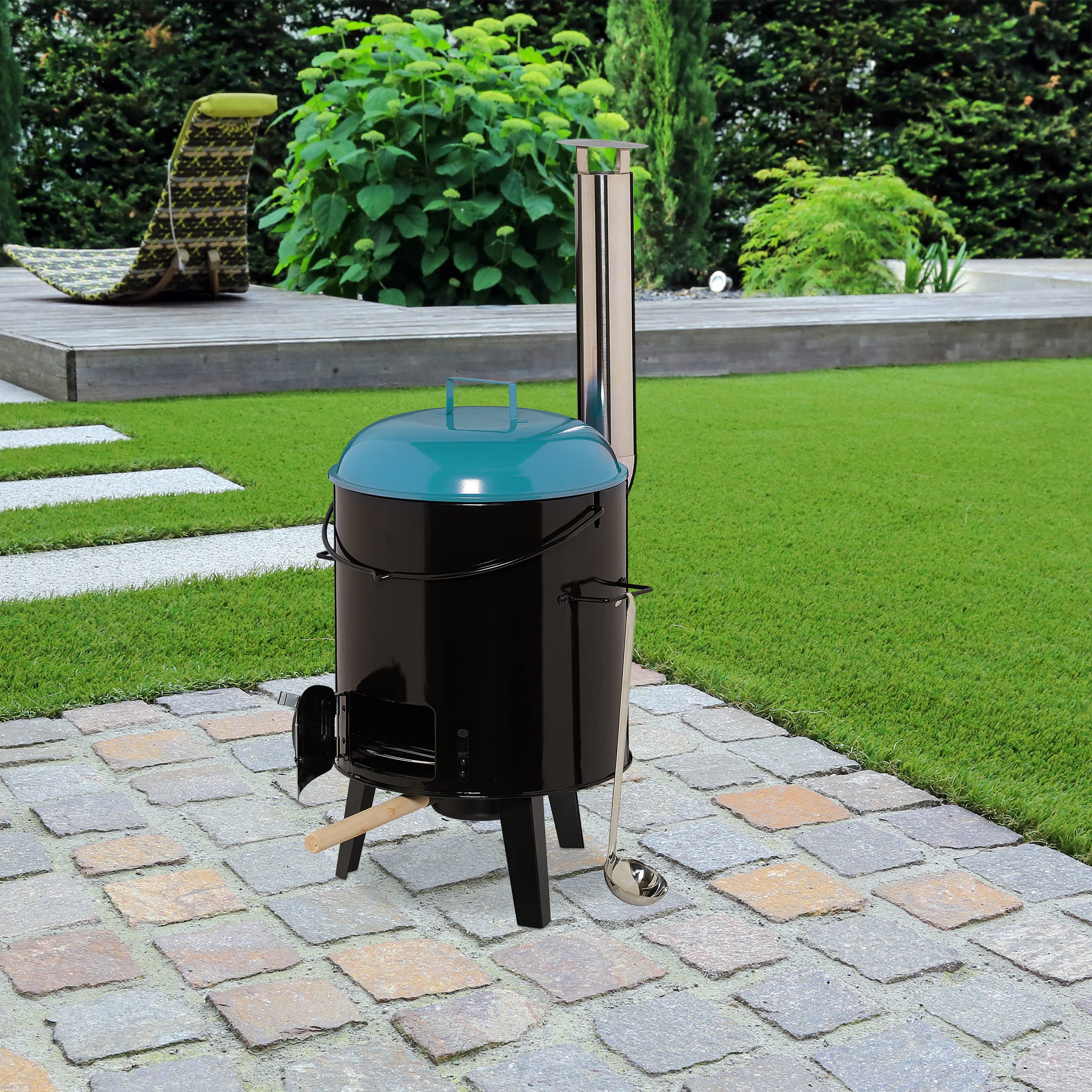 Strattore Goulash Cannon Enamelled - Goulash Kettle with Lid 19 Litre with Grid Field Kitchen with Lid for Outdoor Kitchen - Black