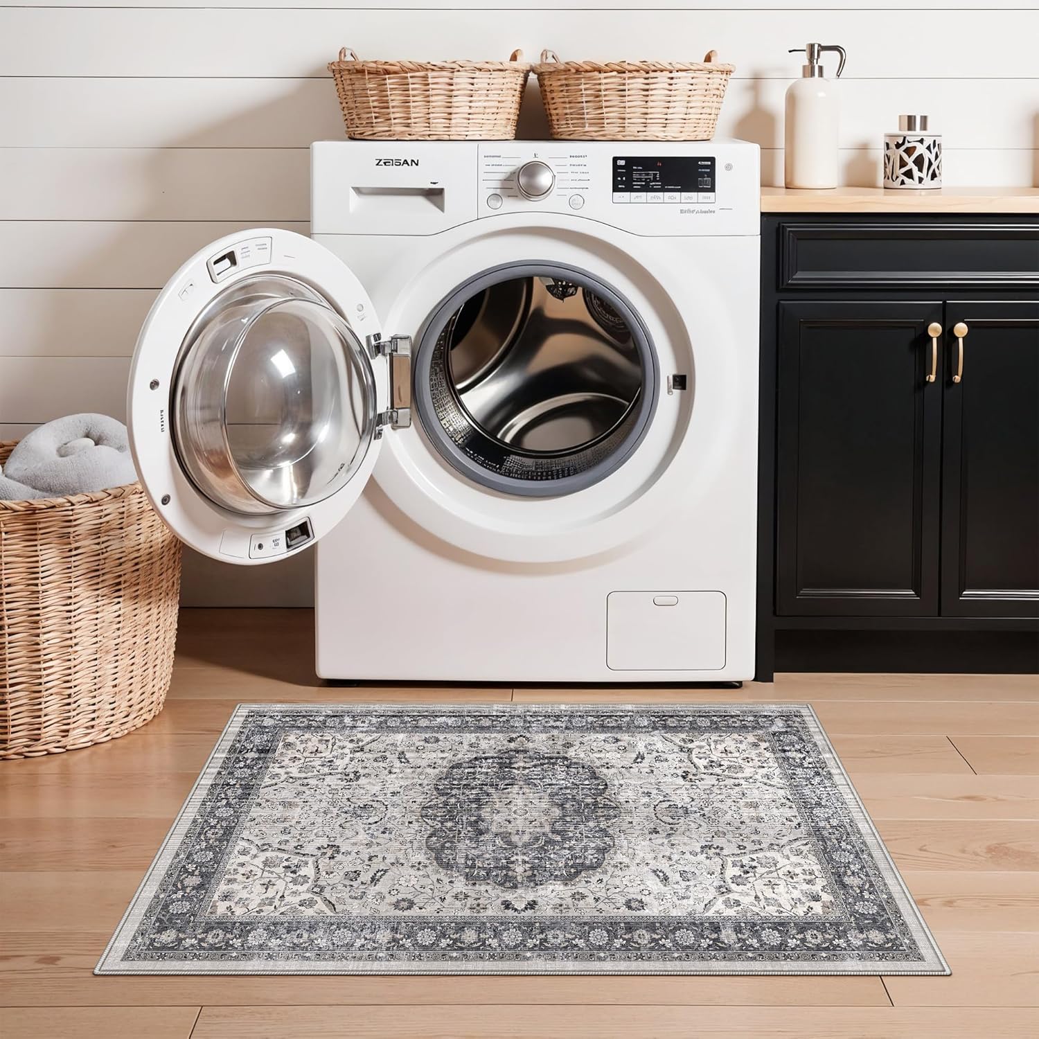 Washable 2x3 Entryway Area Rug: Vintage Soft Thin Door Mat with Non Slip Backing Water Resistant Carpet for Bedroom Low Pile Floor Mat for Kitchen Bathroom Laundry Easy Clean Rug for Family(2x3,Grey) thumbnail