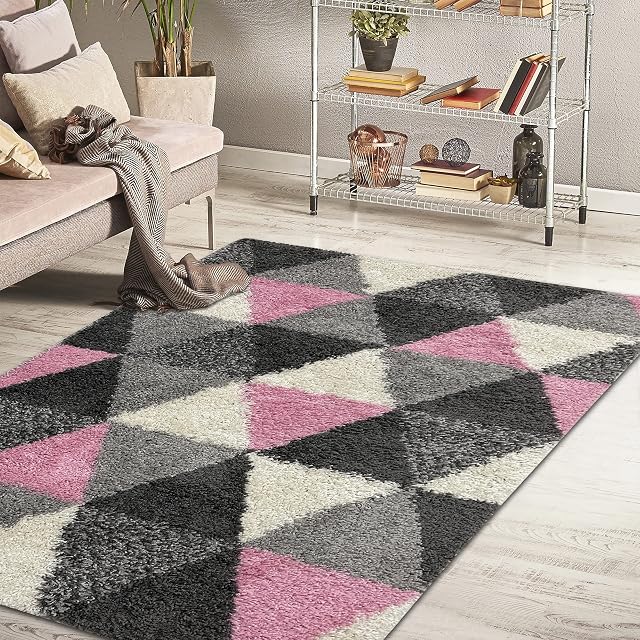 homeart Fluffy Shaggy RUG for Living Room, High-Pile (30mm) Soft Durable Thick Luxury Area Carpet for Home Decoration, Triangle Pattern Rugs, Small to Extra Large (Silver Grey & Pink, 160 x 230 cm)