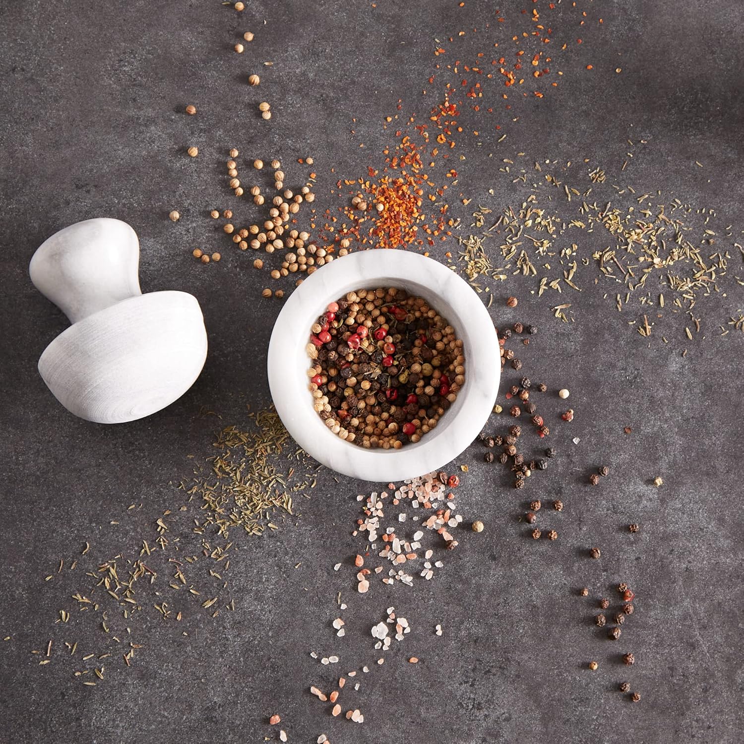 RSVP International Marble Mortar & Pestle Grind Herbs, Spices, Garlic and More, 4 Dia x 2.13", White Marble