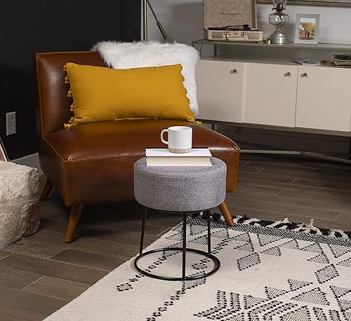 Miniatura 2 de BIRDROCK HOME Otomana de lino con reposapiés, silla de tocador tapizada con patas de metal negro, taburete redondo acolchado suave para sala de