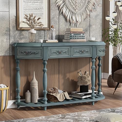 Miniatura 3 de Polibi Mesa consola curva retro con estante de estilo abierto y 4 cajones superiores, mesa de entrada de media luna de 52 pulgadas con marco de