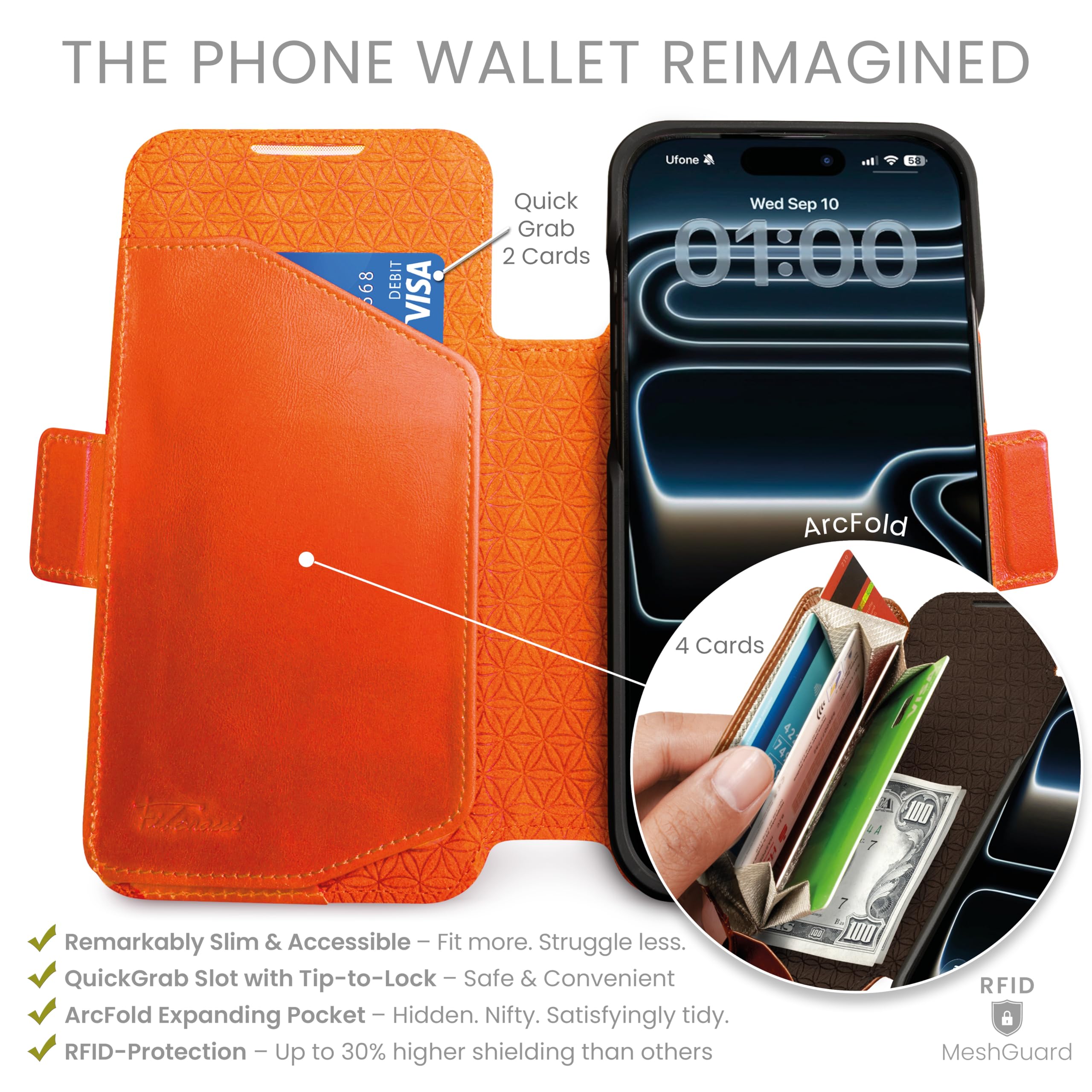 dreem Real Leather Wallet Case for iPhone 17 Pro Max, Revolutionary Vert/Hor Phone Stand, Magnetic Detachable Flip Cover RFID Blocking Card Holder, MagSafe-Fit, Gift Box [Fibonacci: Orange] - 2