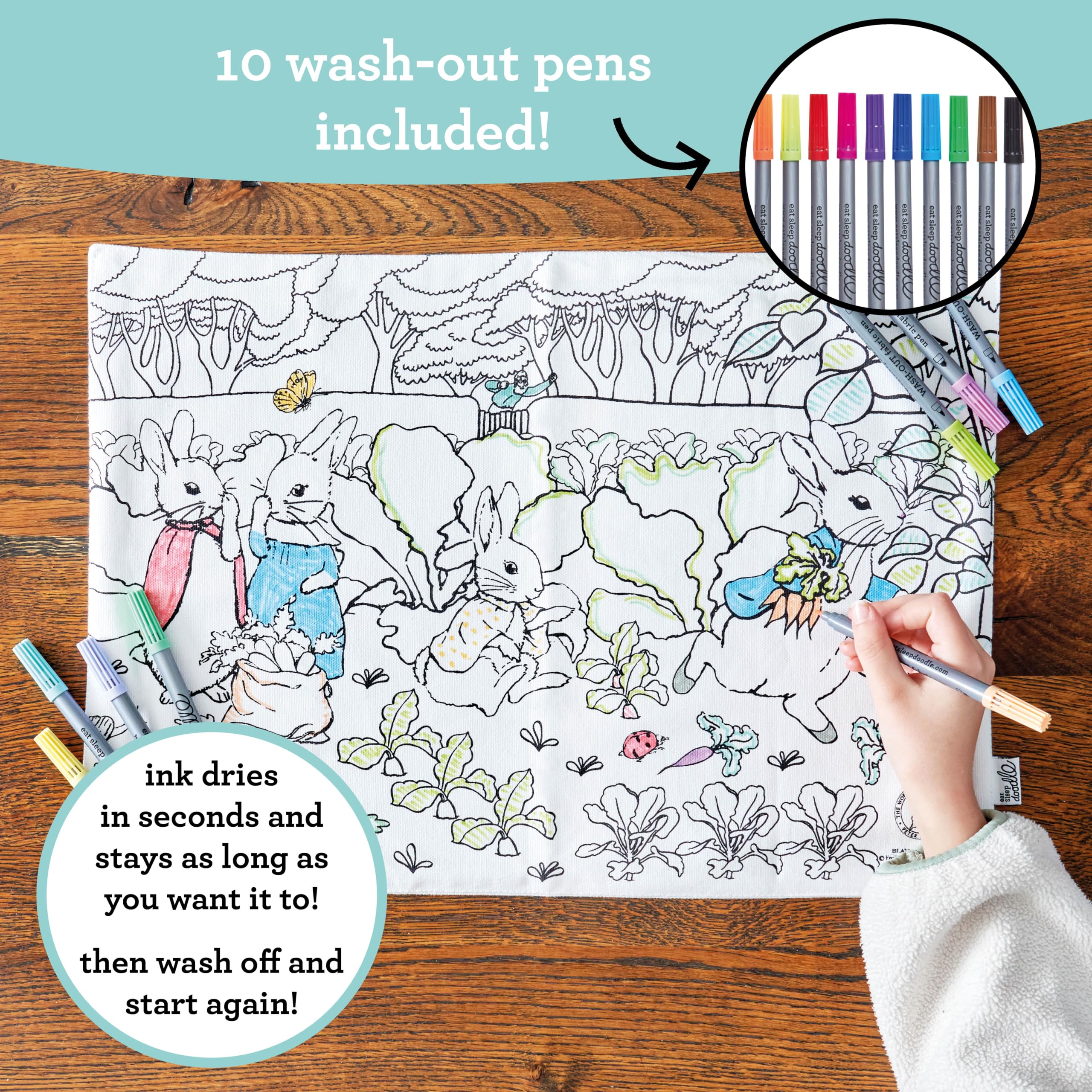 eatsleepdoodle Peter Rabbit and Friends - Tovaglietta da colorare per bambini con 10 pennarelli lavabili, 33 x 47 cm, tovaglietta da colorare Peter Rabbit, ultra lavabile e riutilizzabile