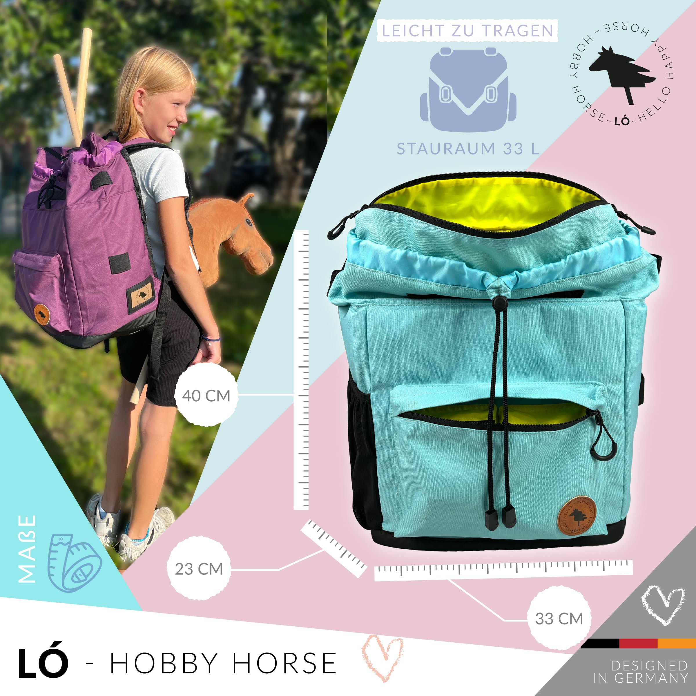 Driver13 LÓ Hobbyhorse Rucksack Steckenpferd, Hobbyhorsing Tasche, Transport bis 4 Hobbyhorses, Aruba Blau/Hell
