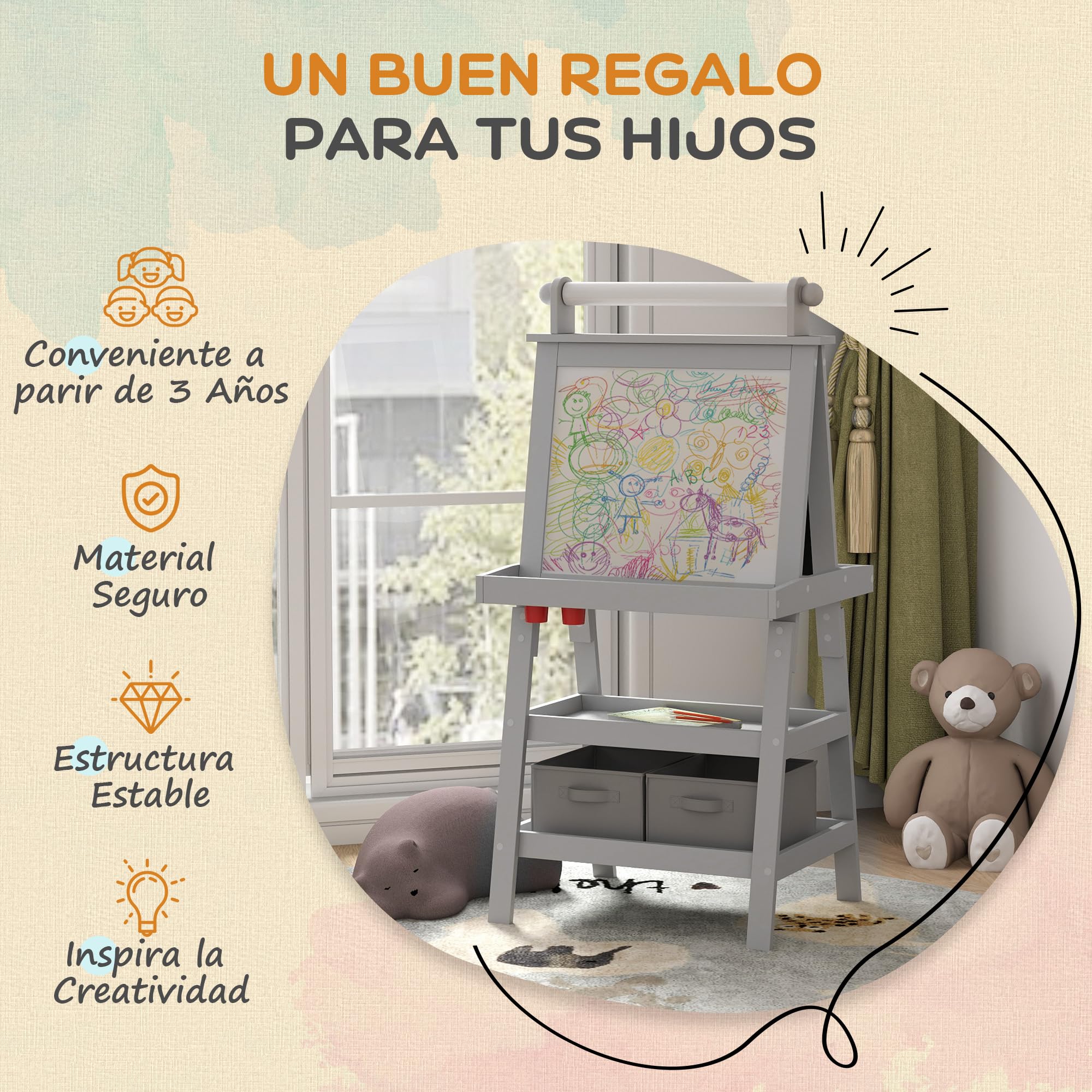 AIYAPLAY Pizarra Infantil Caballete 3 en 1 Pizarra Infantil de Doble Cara Magnética Caballete de Pintura para Niños con Rollo de Papel y Cestas de Almacenamiento 59x48x118 cm Gris