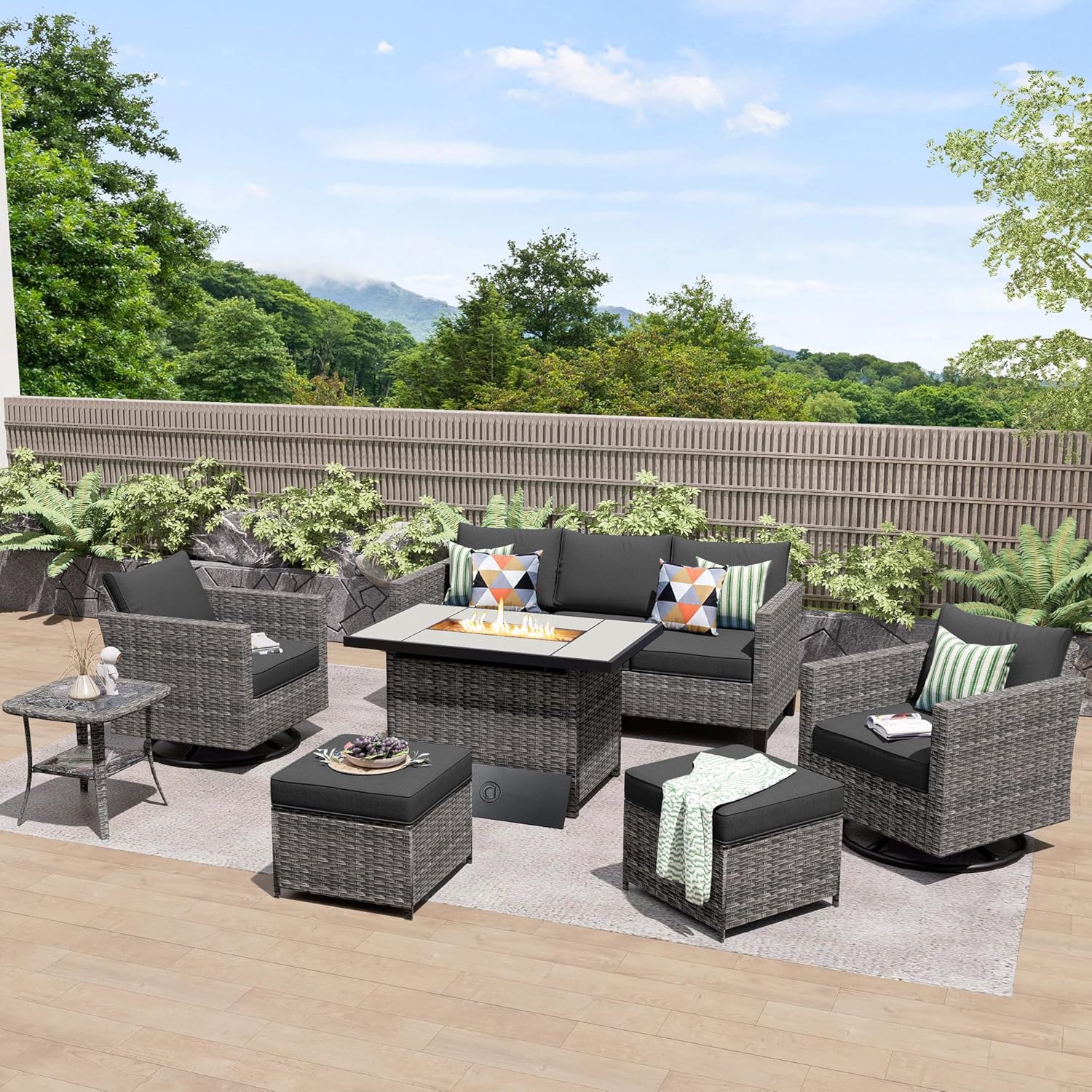 HOOOWOOO Outdoor Patio Furniture Sets 7 Pieces Patio Conversation Sets Weather Resistant Wicker Sofa Seating Set with 42" Fire Pit Swivel Rocking Chairs for 5 Persons Outside,Black