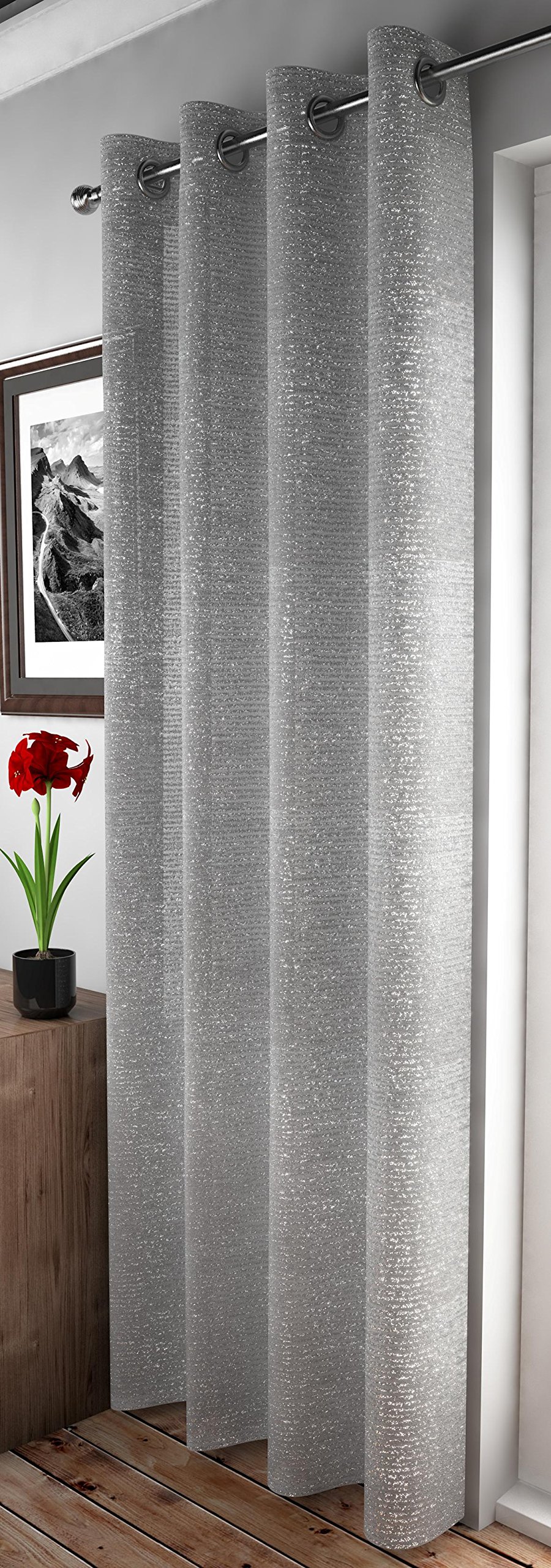 Ians Emporium Silver Glamour Adele Sparkle Modern Voile Eyelet Curtain Panel ~ 55" (140Cm) X 90" (229Cm)~