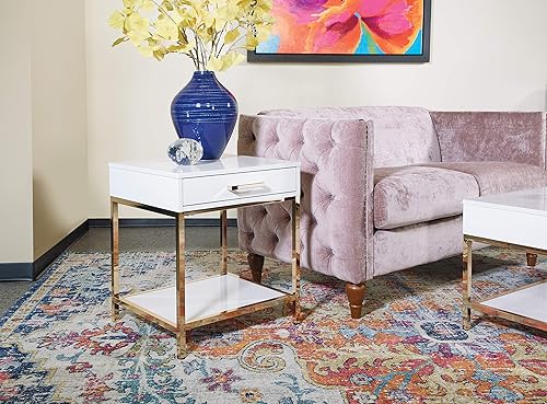 Miniatura 9 de OSP Home Furnishings Mesa auxiliar moderna Alios, acabado blanco brillante y marco dorado