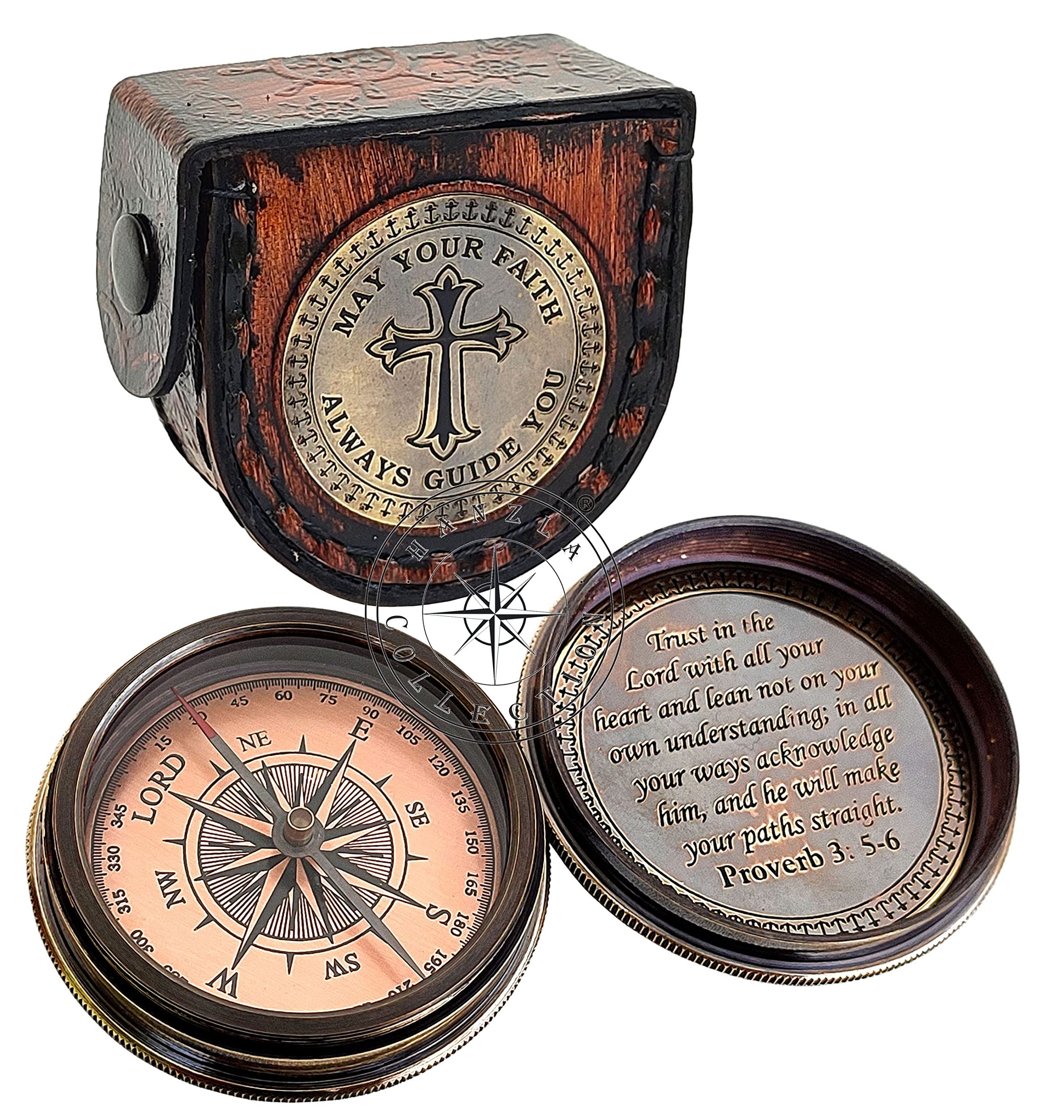 Hanzla Collection Trust in The Lord with All Your Heart - Proverb 3: 5-6 Quote Brass Compass with Stamped Leather Case, Camping Compass, Engraved Compass, Graduation Day Gifts for Unisex