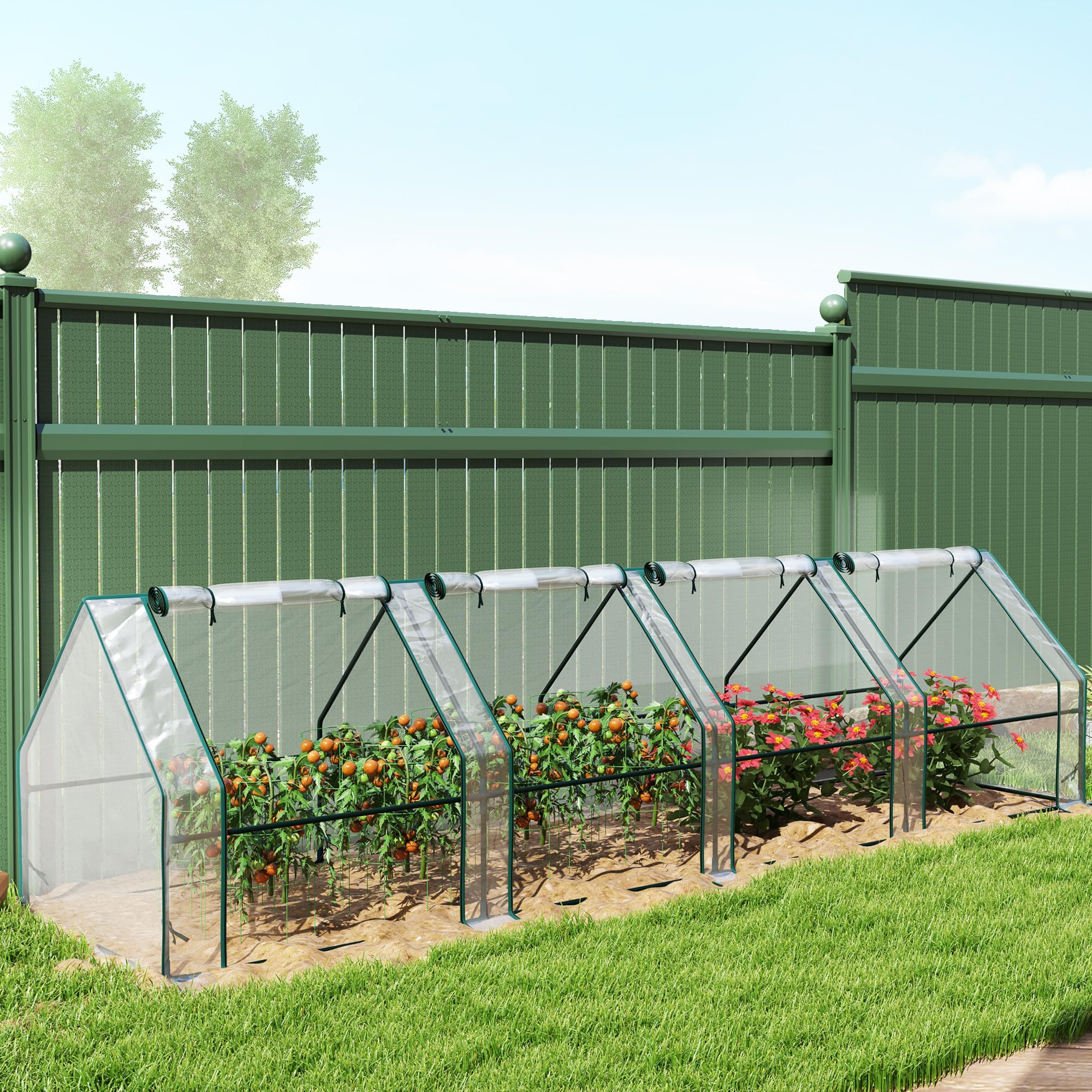 Outsunny Serra da Giardino 4 Porte Avvolgibili 360x90x90 cm Trasparente | a Cerniera, Serra per Orto, Struttura in Acciaio, Copertura PVC, per Orto Verdure Fiori Frutta