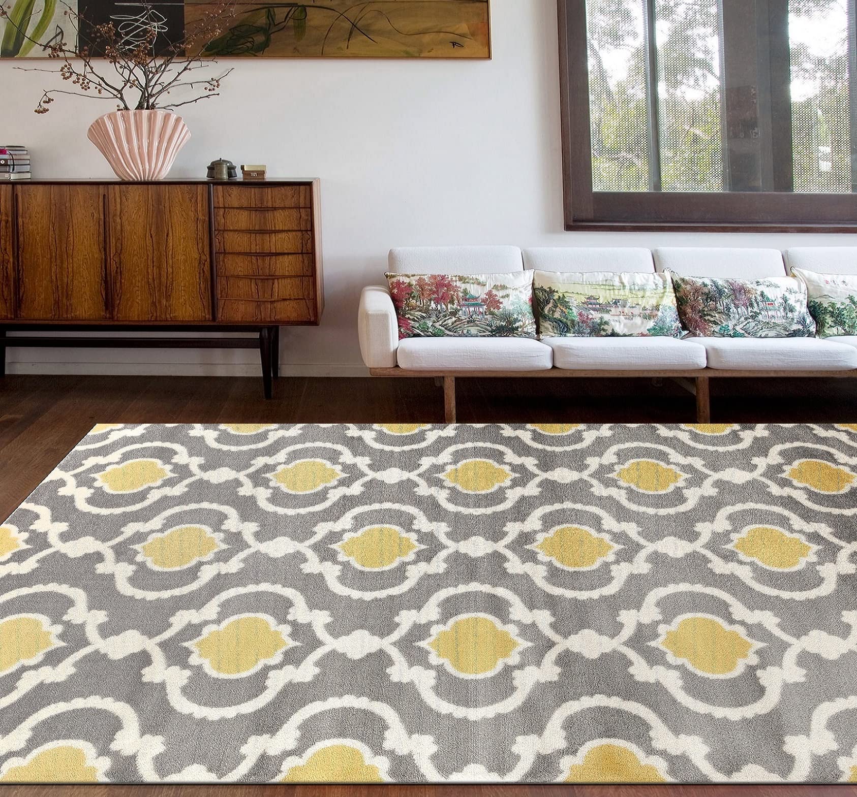 Rugshop Moroccan Trellis Contemporary Perfect for high Traffic Areas of Your Living Room,Bedroom,Home Office,Kitchen Easy Cleaning Area Rug 3'3" x 5' Gray/Yellow