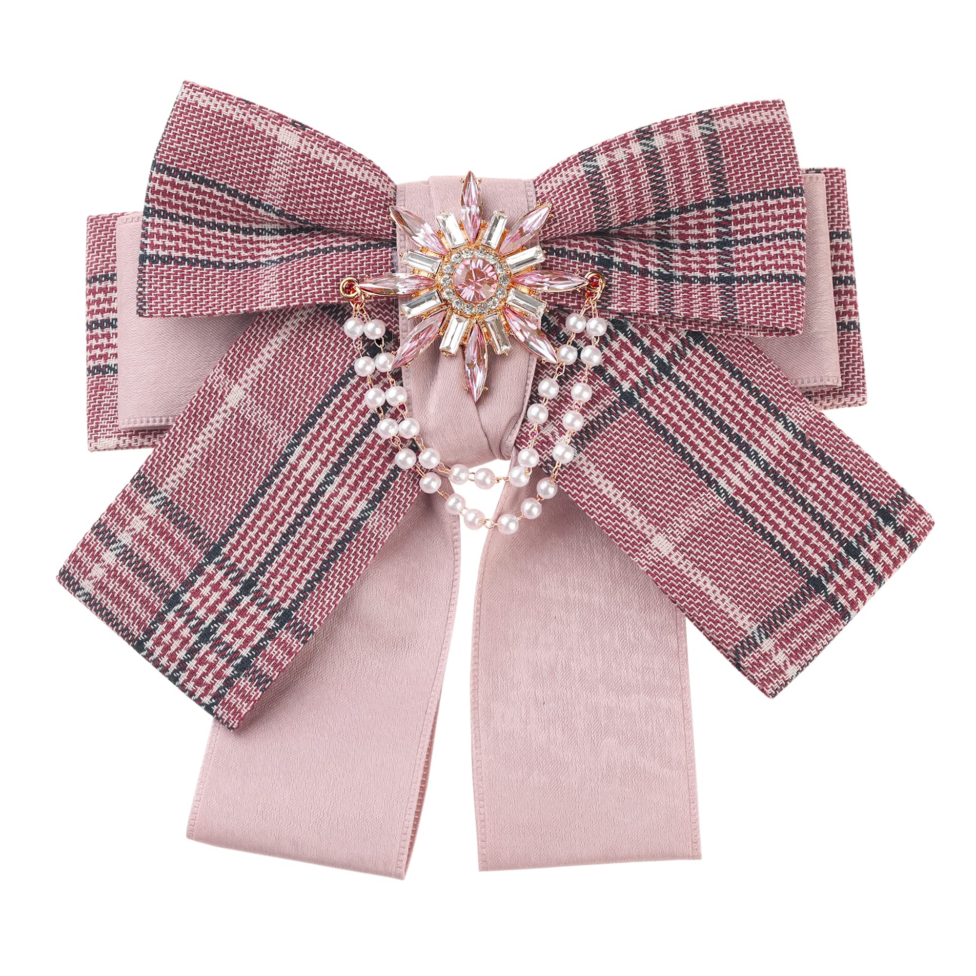 Elerevyo Women's Pink Bow Brooch Plaid Faux Rhinestone Beaded Bow Ties One Size