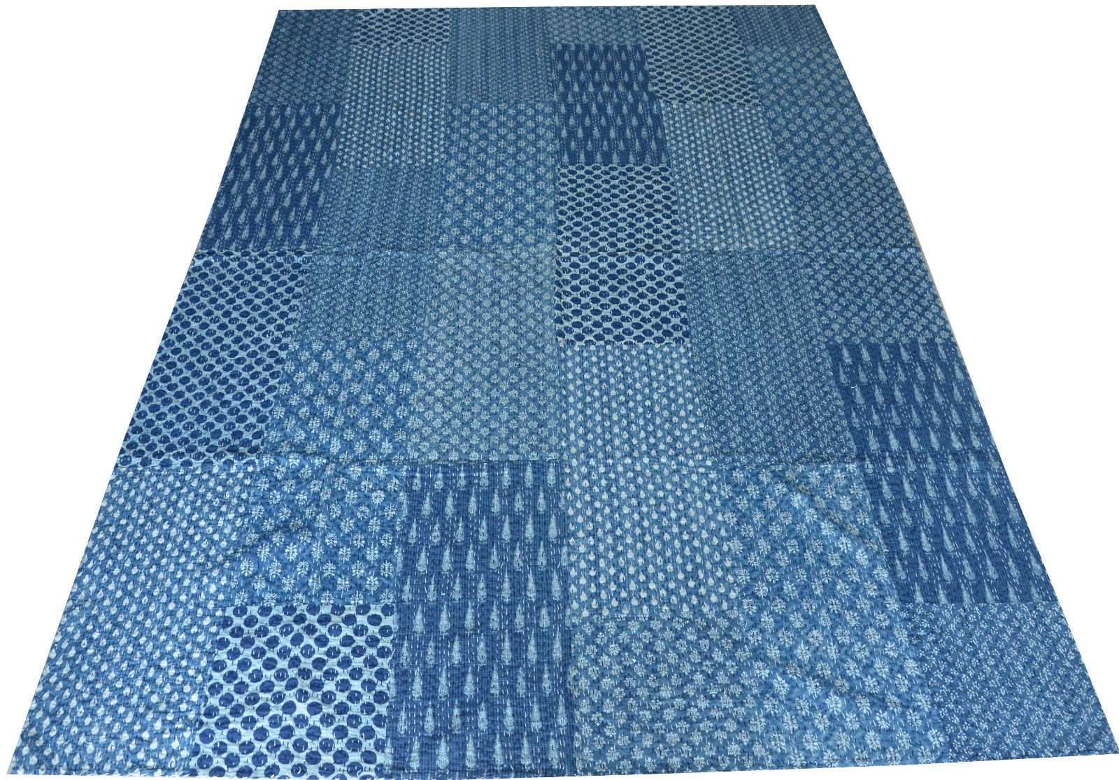 Sophia-Art Indian Blue Indigo Color Hand Block Rural Pure Printed Kantha Quilt, Queen Size Patchwork Cotton Bedspread, (Blue)