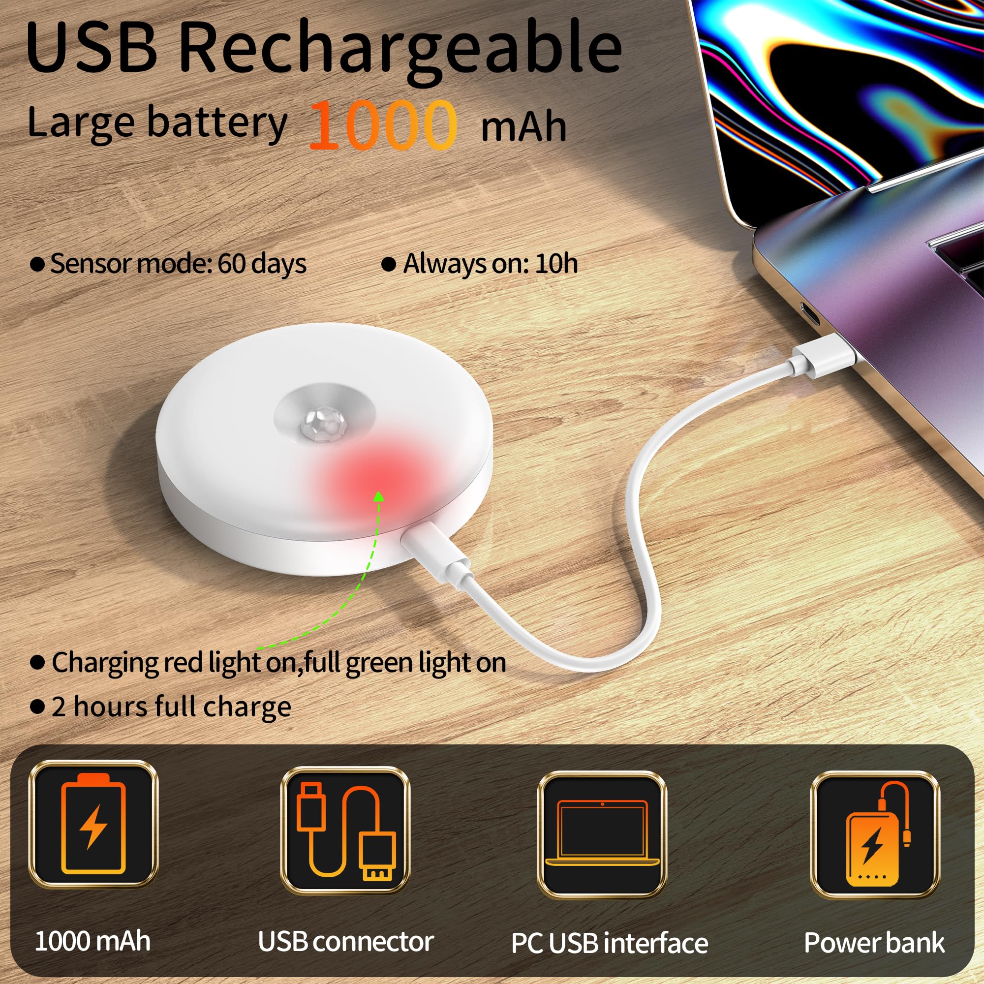 daphomeu USB Rechargeable Motion Sensor Lights Indoor, 3 Mode Night Lights for Bedroom Hallway, Kitchen, Stair Wardrobe (2) - Image 4