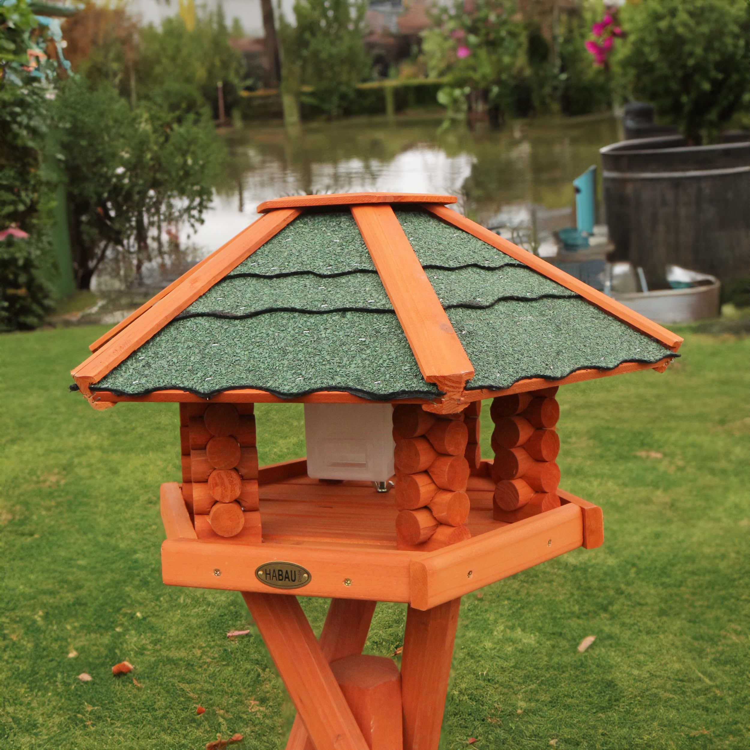 HABAU Vogelhaus mit Futtersilo und Ständer | Futterhaus montiert geliefert, mit Silo aus Kunststoff, sechseckiges Haus für Wildvögel