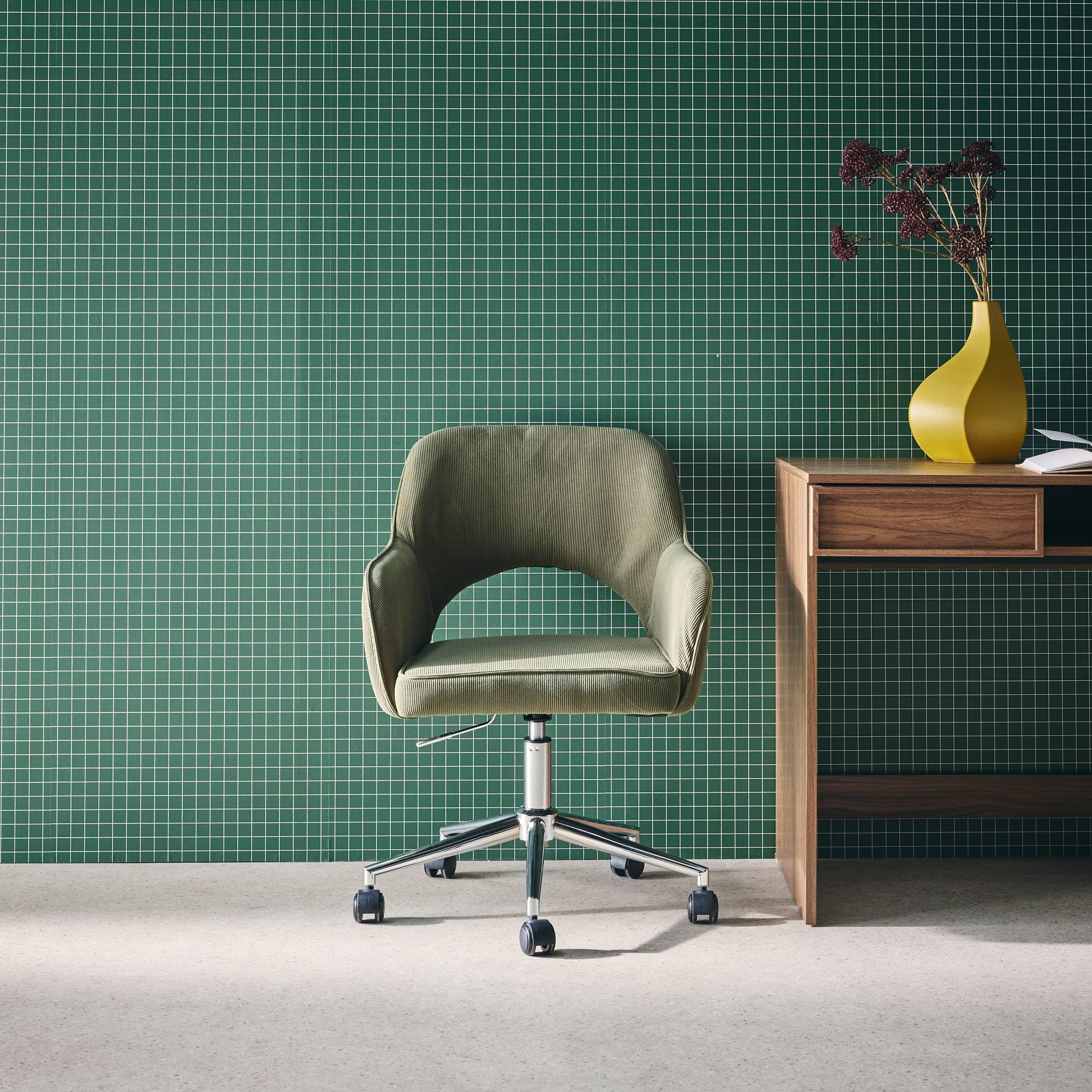 sweeek - Sedia da ufficio con ruote in velluto a coste Kaki con base cromata. L 60 x P 62 x H 89/99 cm