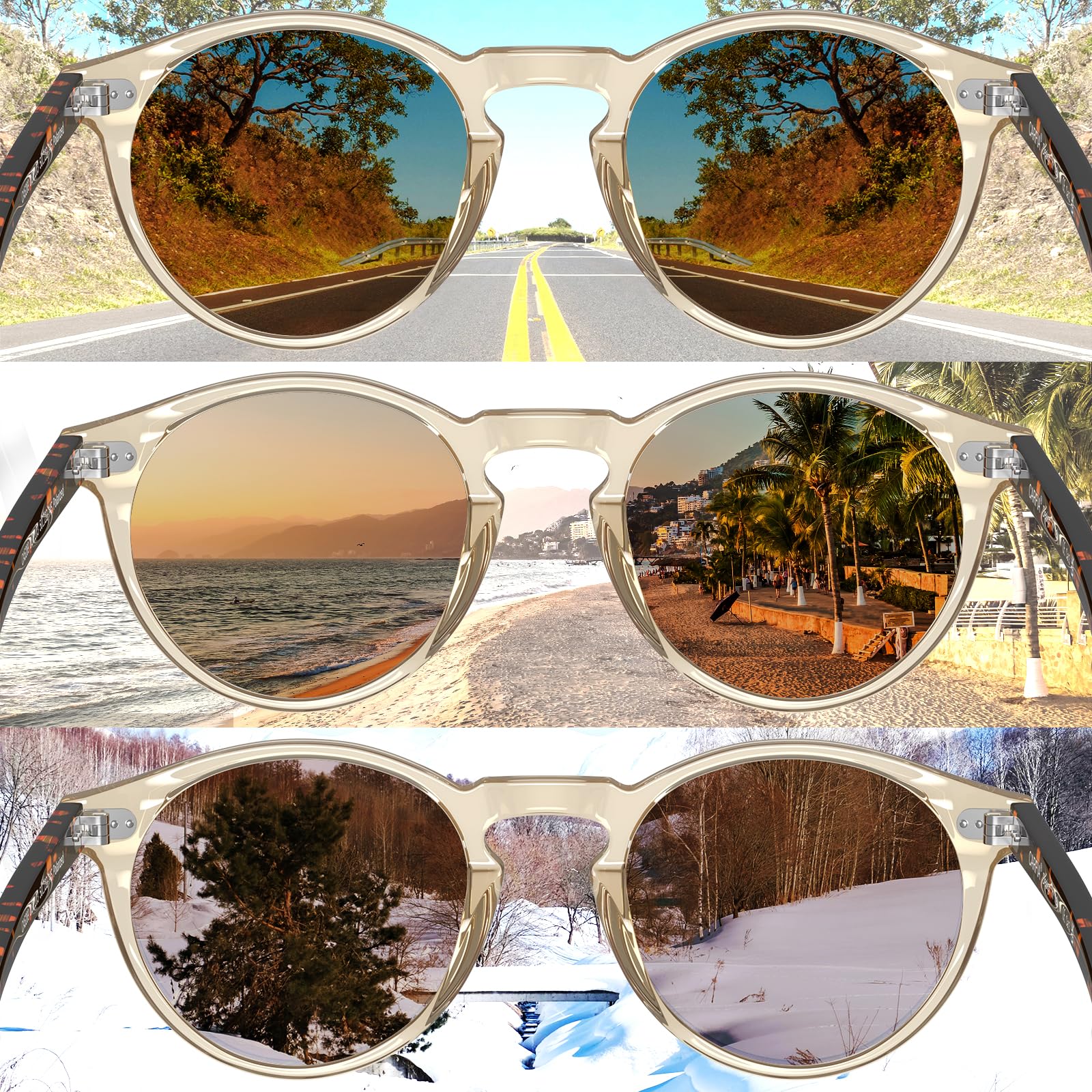 CARFIA Rund Sonnenbrille Herren Polarisiert Vintage Acetat-Rahmen | UV400-Schutz, Für Fahren Reisen Alltag Outdoor,Einteilige Nasenauflage，Bequem mit Brillenetui，Ideal als Geschenk