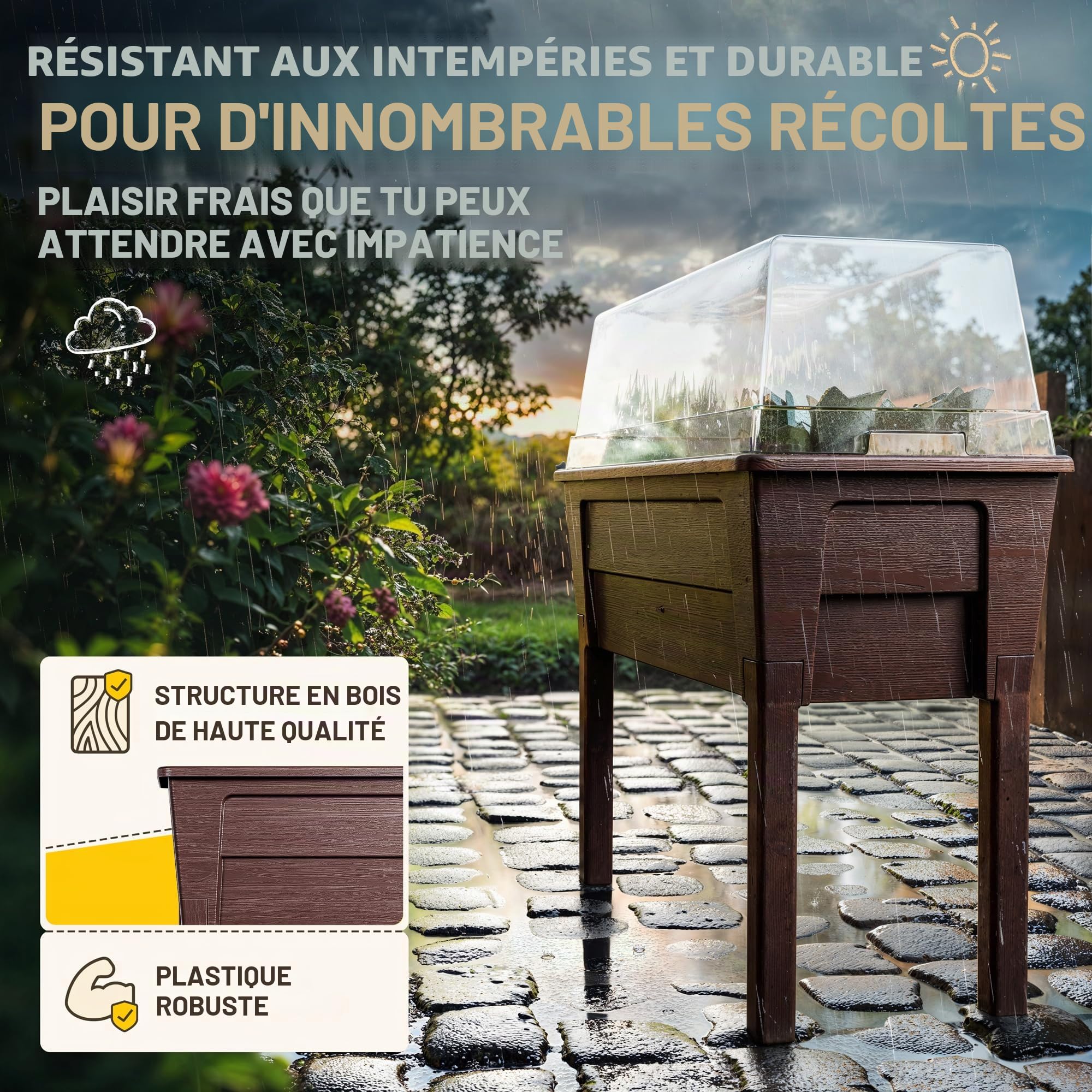 Ondis24 Victoria Jardinière de jardin pour balcon, jardinière avec serre, volume 50 l, réservoir d'eau, irrigation goutte à goutte, pieds amovibles, convient pour l'extérieur (marron)