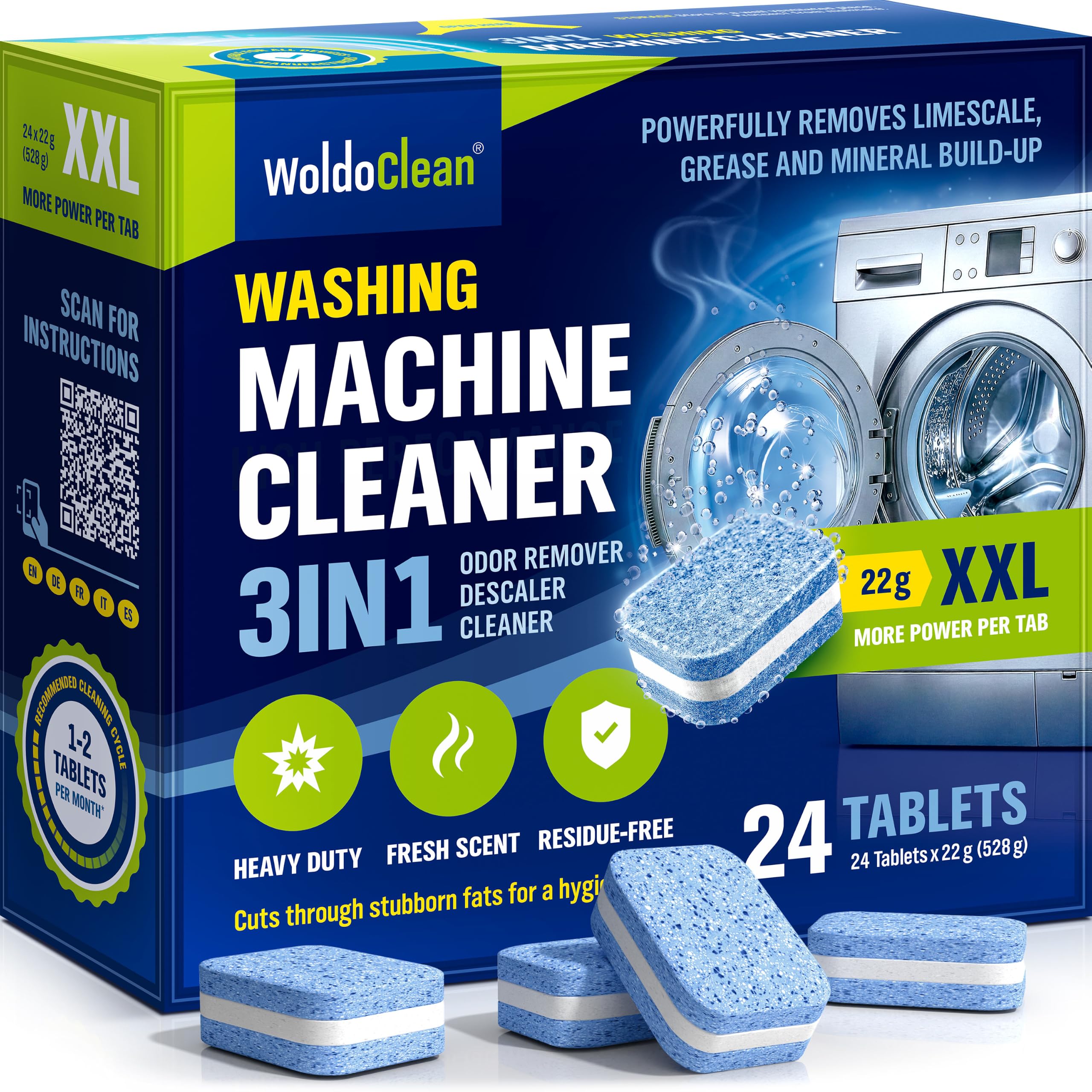 WoldoClean Środek do Pralki 3w1 czyści, odkamienia, usuwa zapachy | Czyszczenie pralki, bęben, odkamieniacz, 24 tabletki, zapas na rok