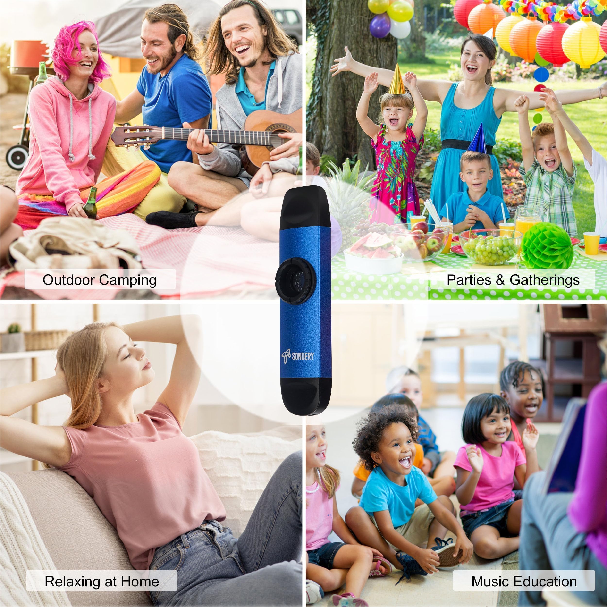 Sondery Kazoo professionnel en métal, kazoo à double tête avec cordon et 5 membranes pour tous les âges et occasions, bleu