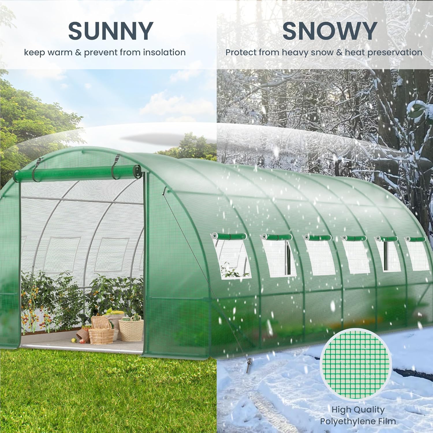 Comparison of greenhouse in sunny and snowy conditions, highlighting UV protection and heat preservation